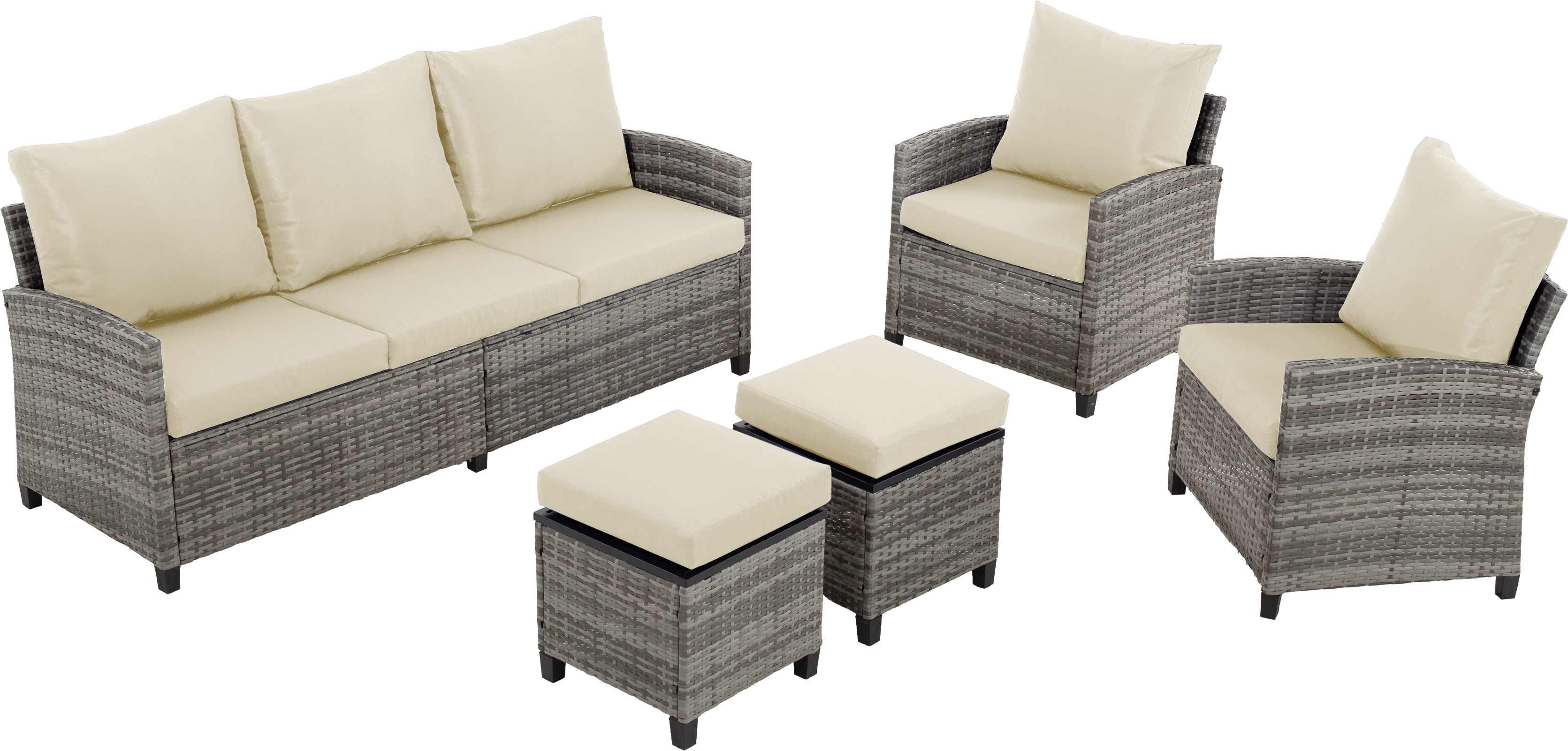 5-Piece PE Rattan Patio Furniture Set – 3-Seater Sofa, 2 Armchairs, 2 Ottomans with Cushions, Outdoor Lounge Seating, Gray/Beige/Blue
