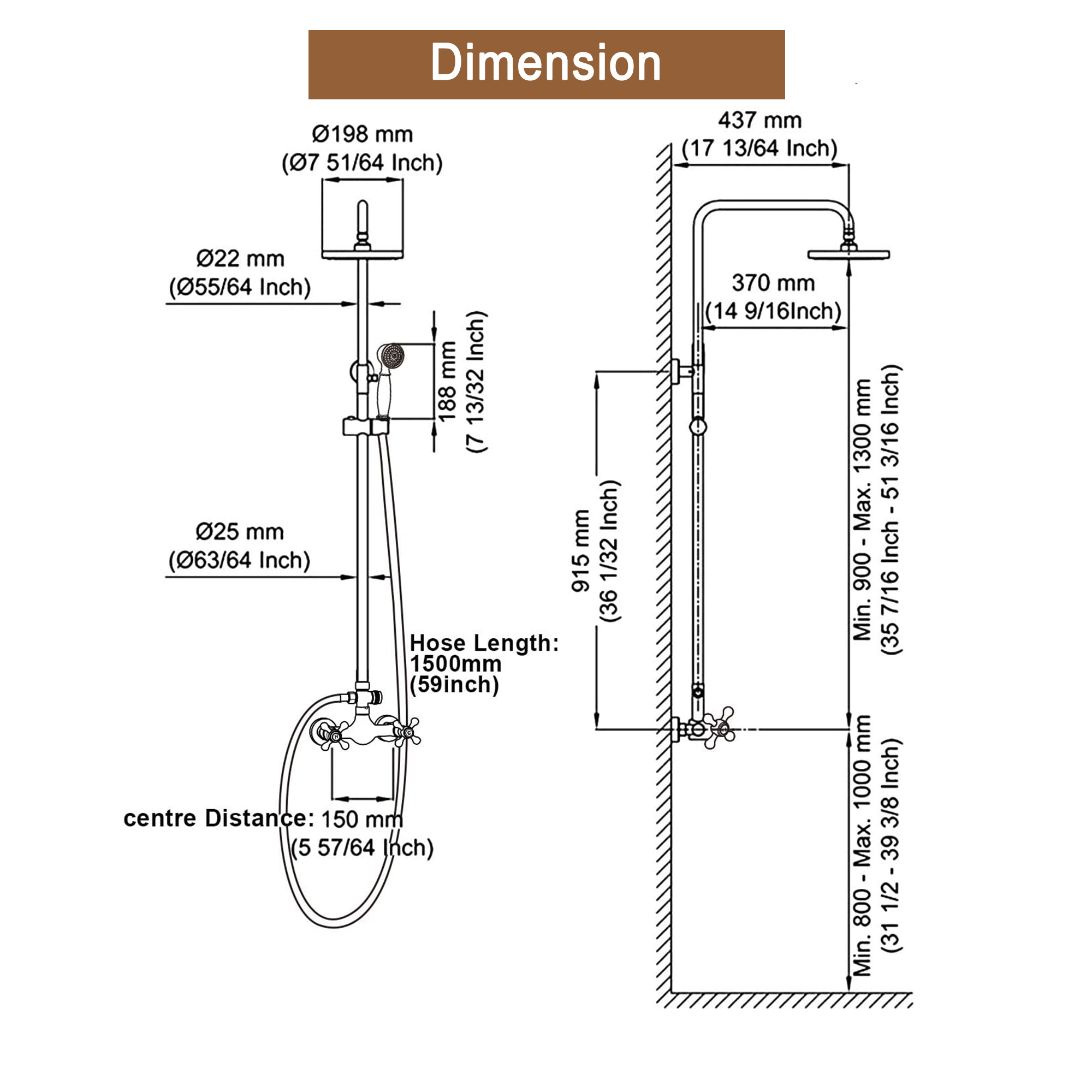 Boyel Living 8 in. Wall Mount Complete Shower System Exposed Pipe with Dual Shower Heads