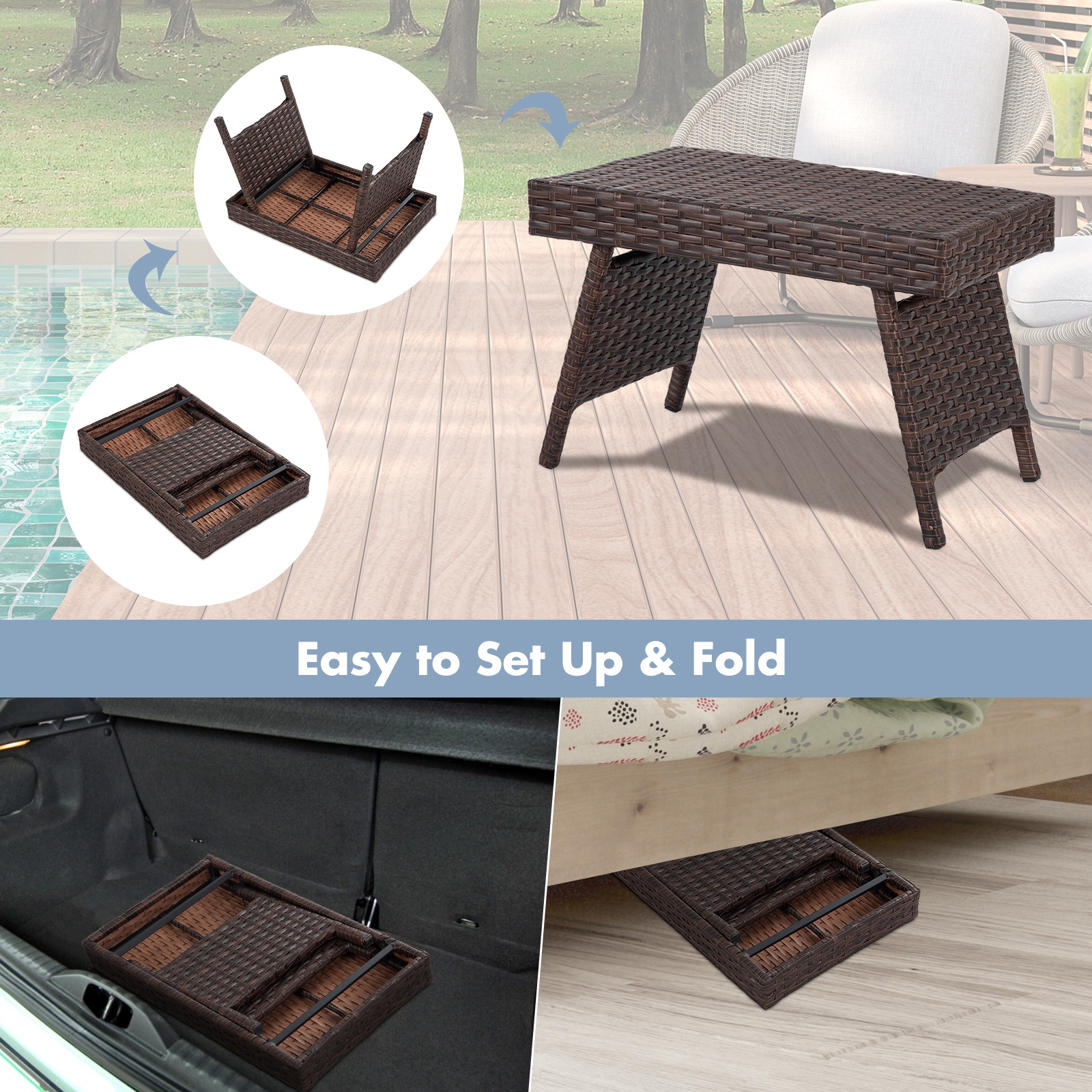 Mondawe Folding PE Rattan Side Coffee Table Patio Garden Furniture-Mondawe