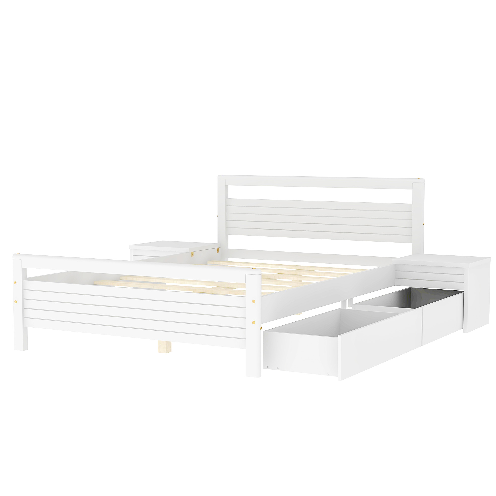 Full Size Wooden Platform Bed with 2 Storage Drawers and 2 bedside tables, White 
