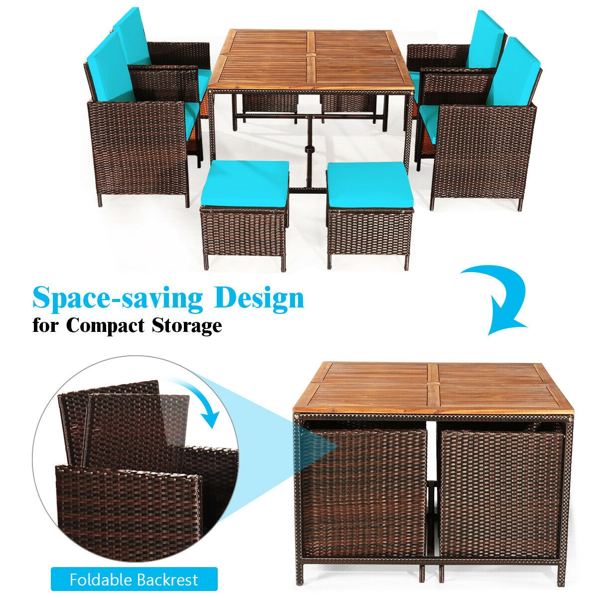 Mondawe 9PCS Patio Rattan Dining Cushioned Chairs Set-Turquoise-Mondawe