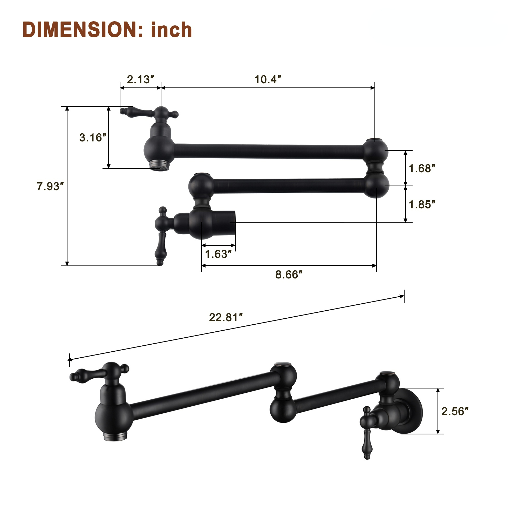 Boyel Living Matte Black Double Handle Wall-mount Pot Filler Kitchen Faucet