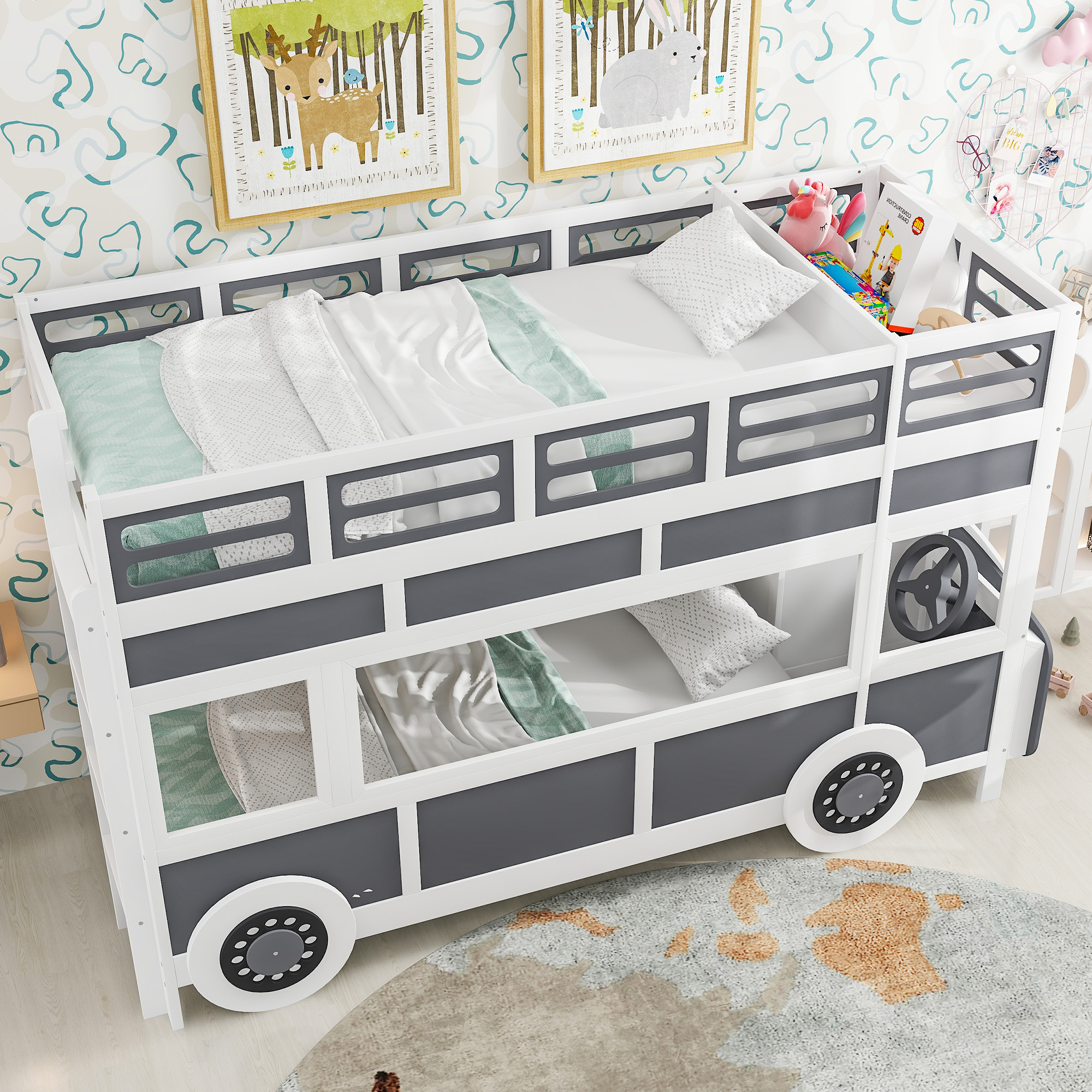 Twin over Twin Bus-shaped Bunk Bed with Wheels and Storage, Gray+White 