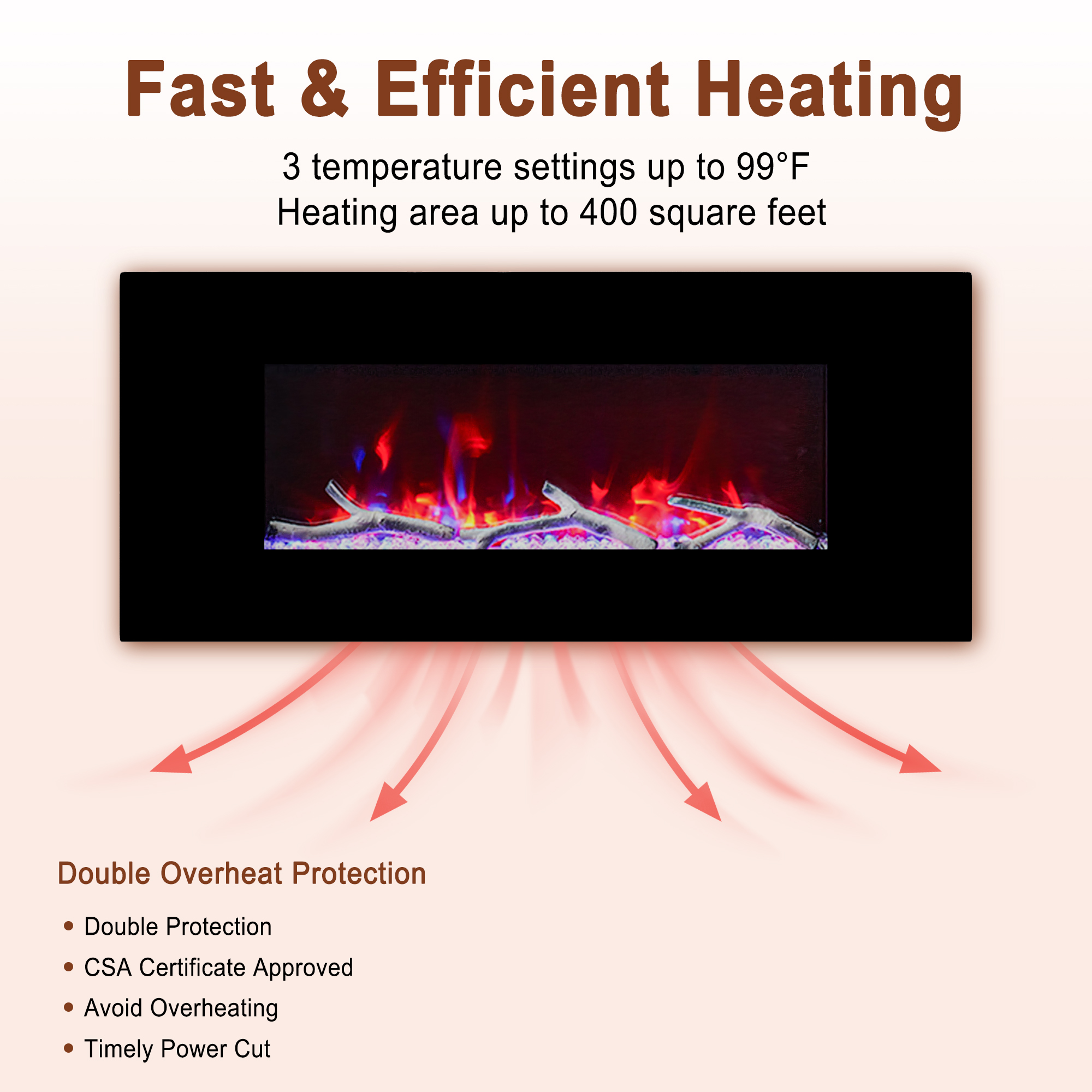 5120 BTU 42/50/60/72 in. Wall-Mounted Black Electric Fireplace Insert with 2-Speaker Stereo Sound