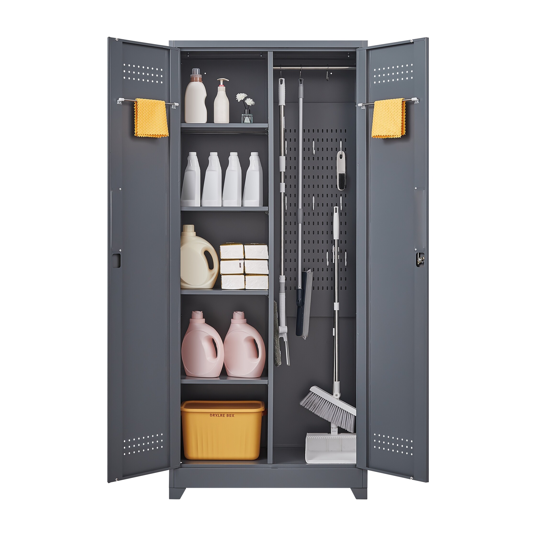 Metal Storage Cabinets, Cleaning Tool Cabinet with Locking Door, Tall Broom Tool Organizer and Storage, Large Storage Cabinet for Kitchen, Pantry, Office, Shop 