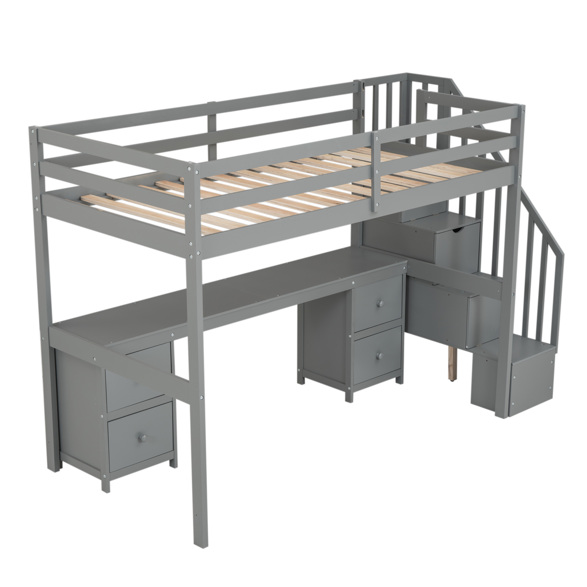Twin Size Loft Bed Frame with Built-in Desk and Double Storage Drawers,White/Gray