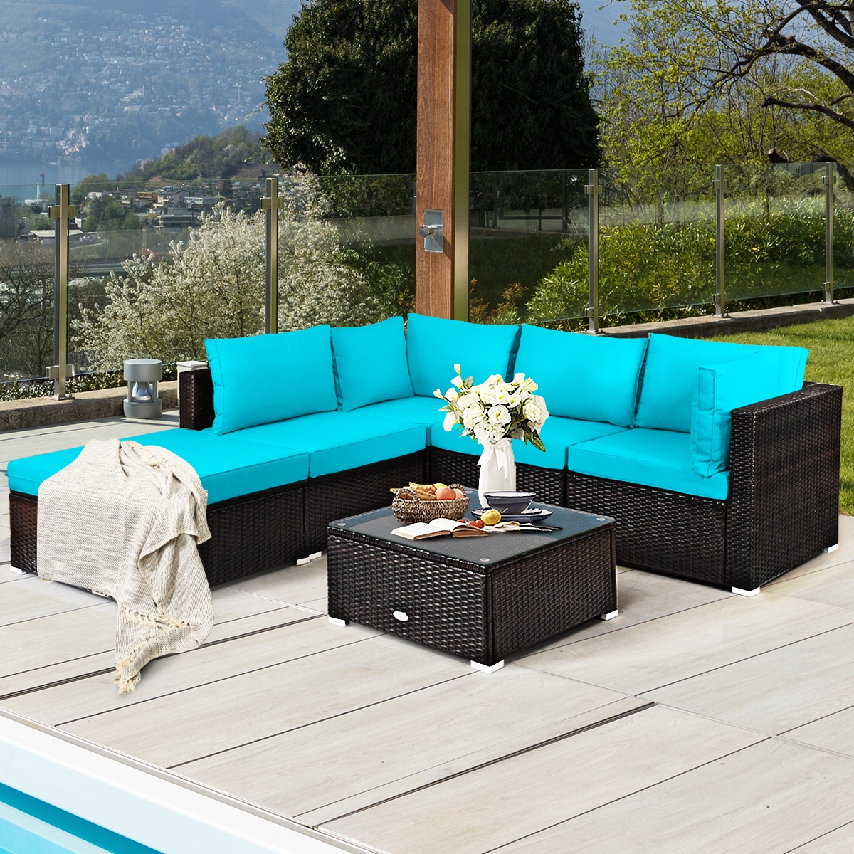 Mondawe 6 Pieces Outdoor Patio Rattan Furniture Set Sofa Ottoman-Turquoise-Mondawe