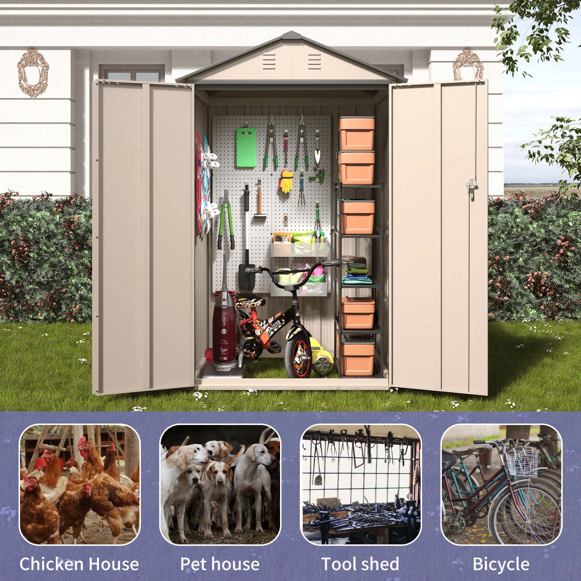 6x4 FT Outdoor Storage Shed, Steel Metal Lockable Garden Shed, Tiny House, Utility Shed, Lean-to Shed & Outdoor Storage, Waterproof Backyard Shed with Door for Bike, Tools, Lawnmower