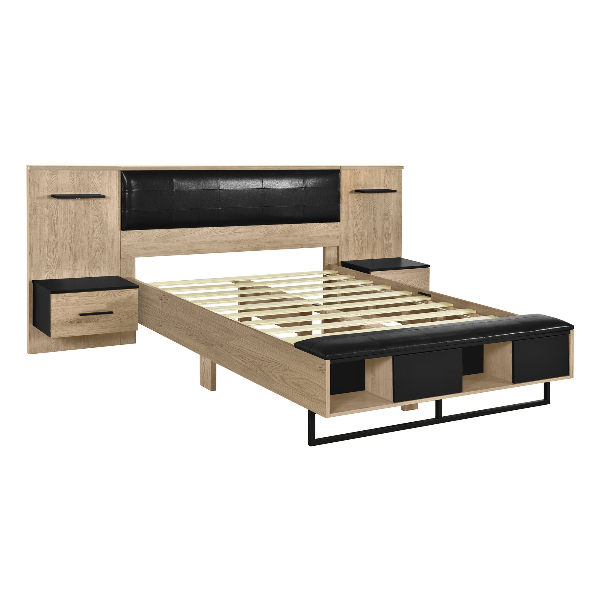 Queen Size Wood Platform Bed with Upholstered Headboard, Lights and Storage Nightstand, Bench, Walnut 