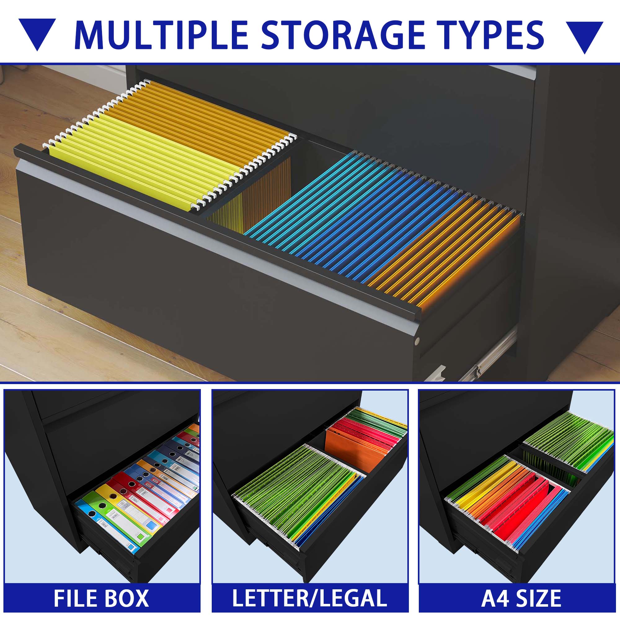 5 Drawer Metal Lateral File Cabinet , White/Black Filing Cabinet with Lock, Lockable File Cabinet for Home Office, Locking Metal File Cabinet for Legal/Letter/A4/F4 Size 