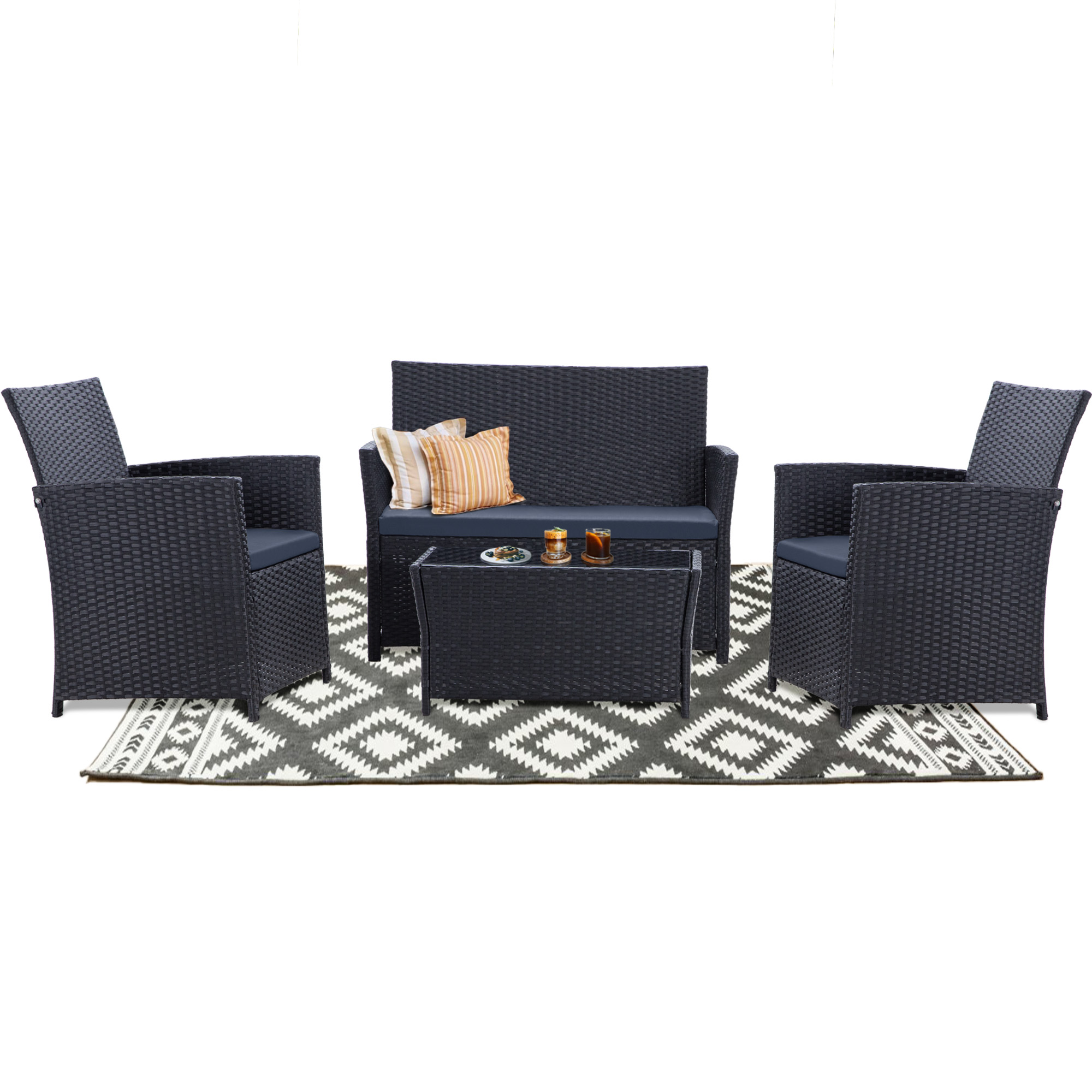 4-Piece PE Rattan Patio Furniture Set – Double Sofa, 2 Armchairs, Coffee Table with Cushions, Weather-Resistant Outdoor Conversation Set, Brown-Blue/Gray/Black-Gray/Black-Blue