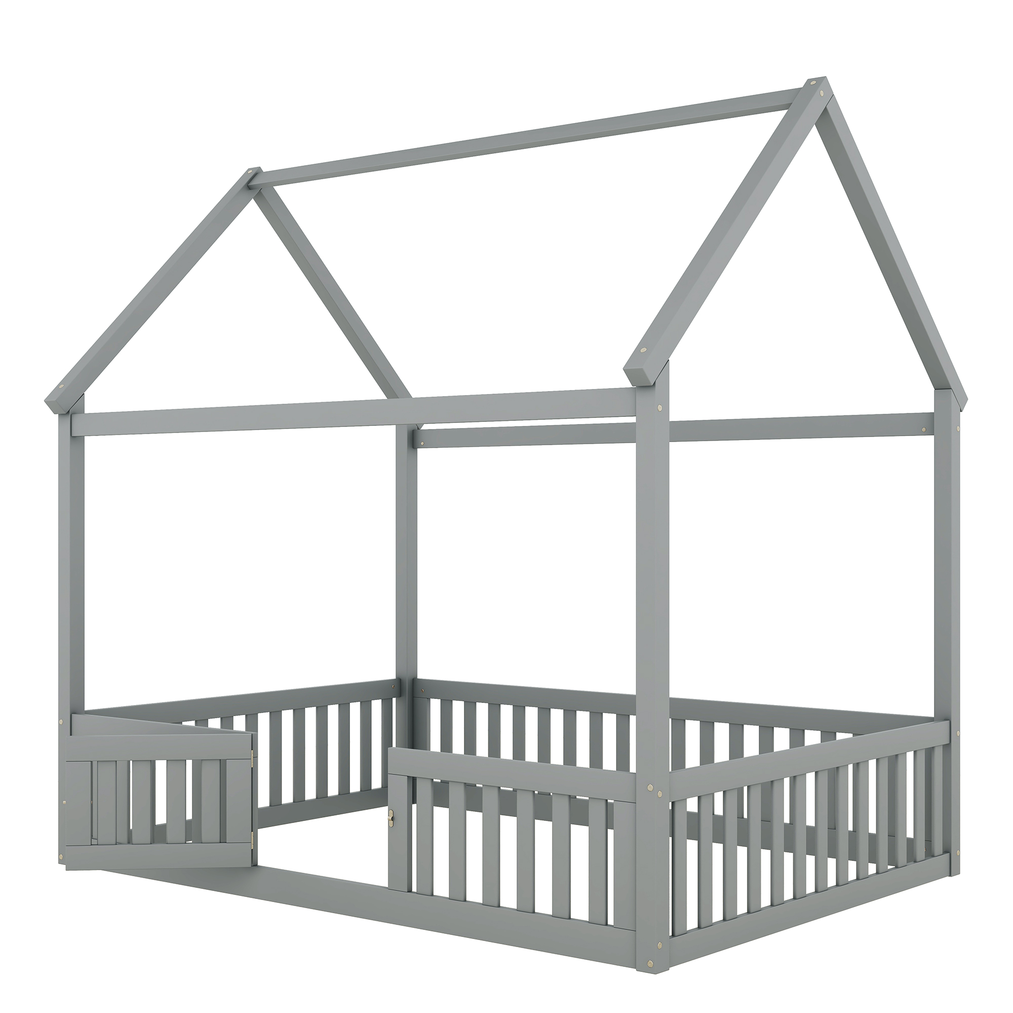 Twin/Full Size Wood House Bed with Fence and Door, Gray/White