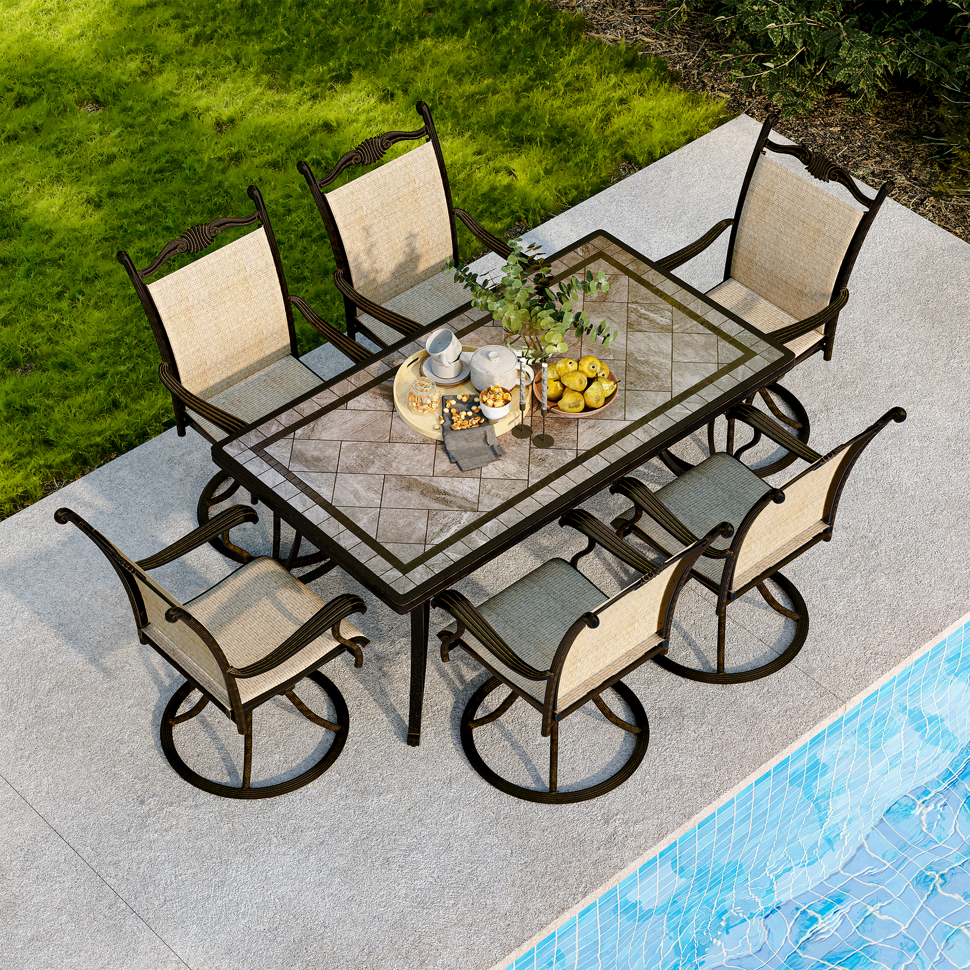 Boyelliving Gray Frame Rectangle Aluminum 28 in. H Outdoor Dining Table with Umbrella Hole and Dark Gold Finished-Boyelliving