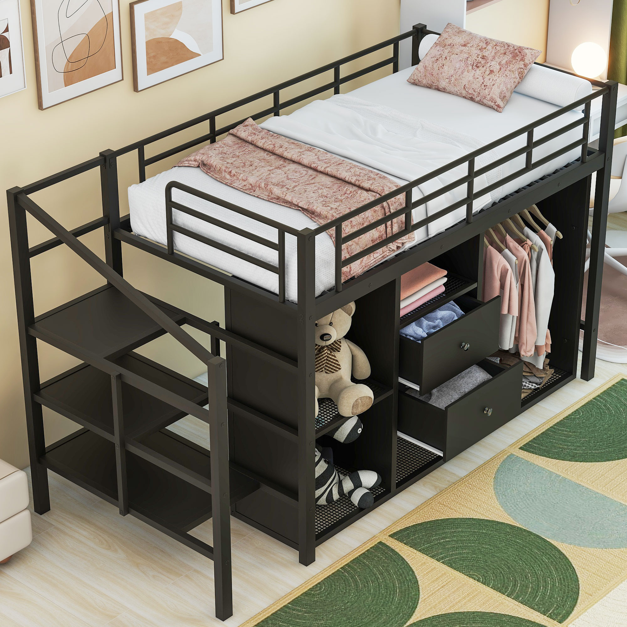 Full/Twin Size Metal Loft Bed with Drawers, Storage Staircase and Small Wardrobe