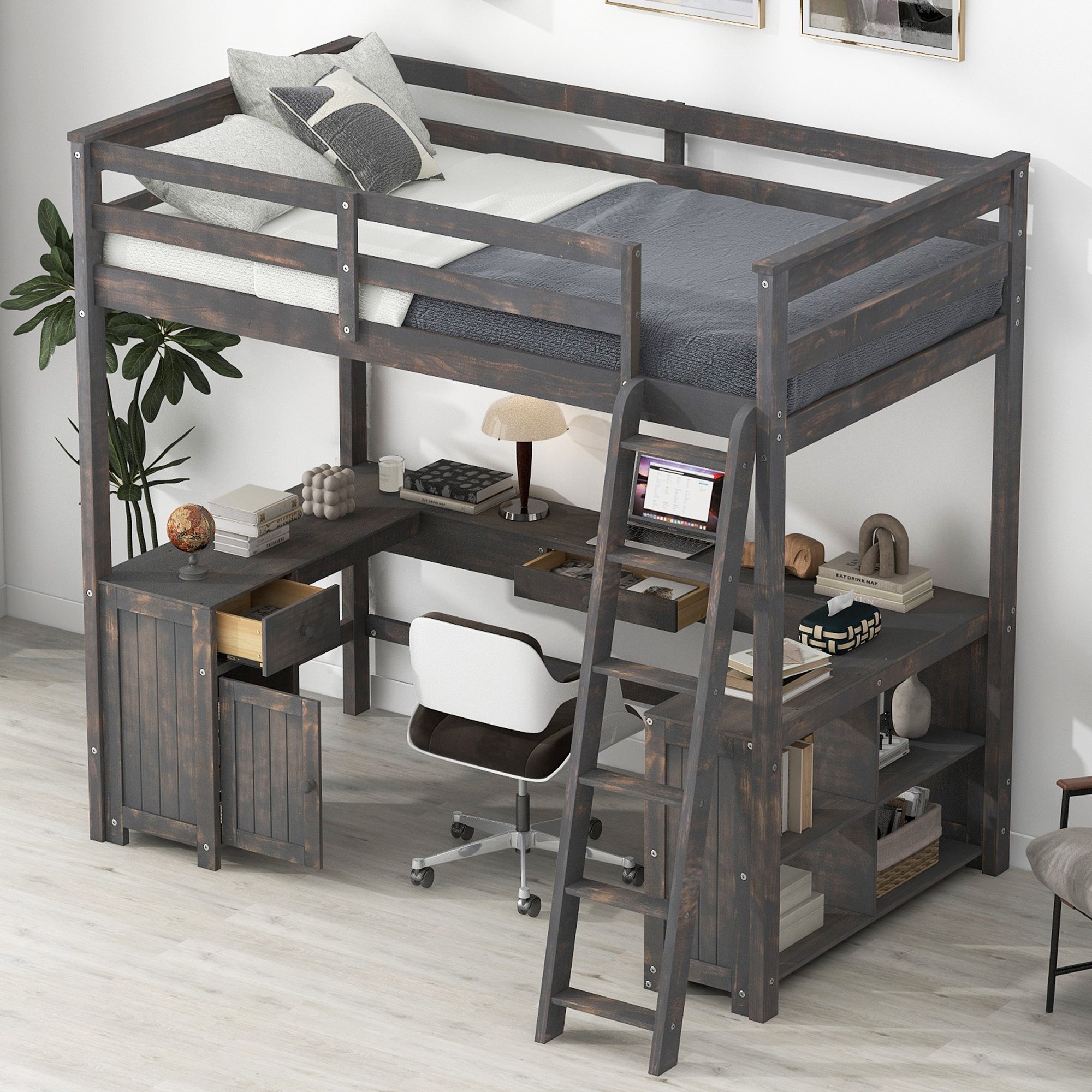 Full/Twin Size Loft Bed with U-shaped Desk, Drawers and Storage Shelves, White/Antique Brown 