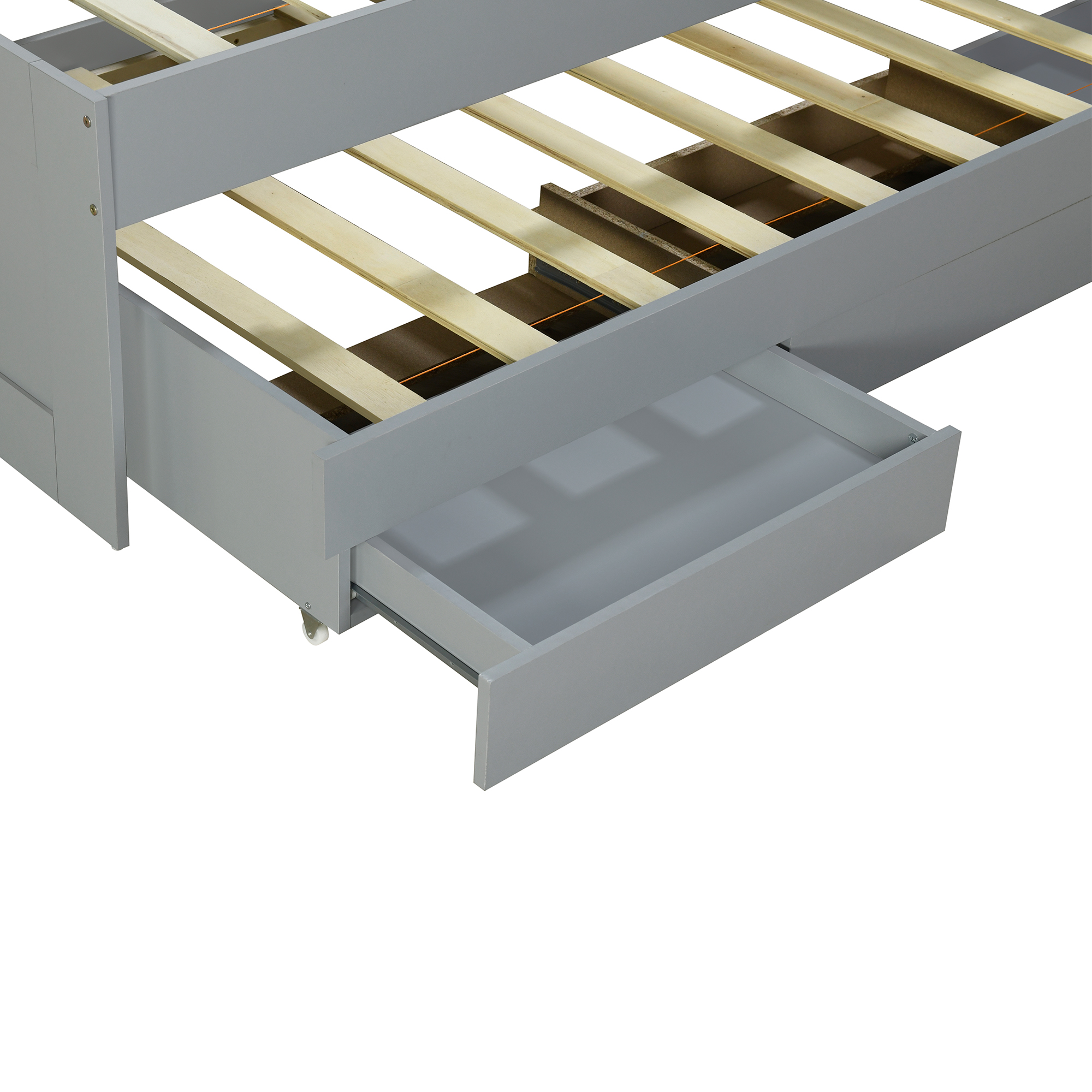 Full XL Size Platform Bed with Storage LED Headboard, Charging Station, Twin Size Trundle and 2 Drawers, Gray/Dark Brown