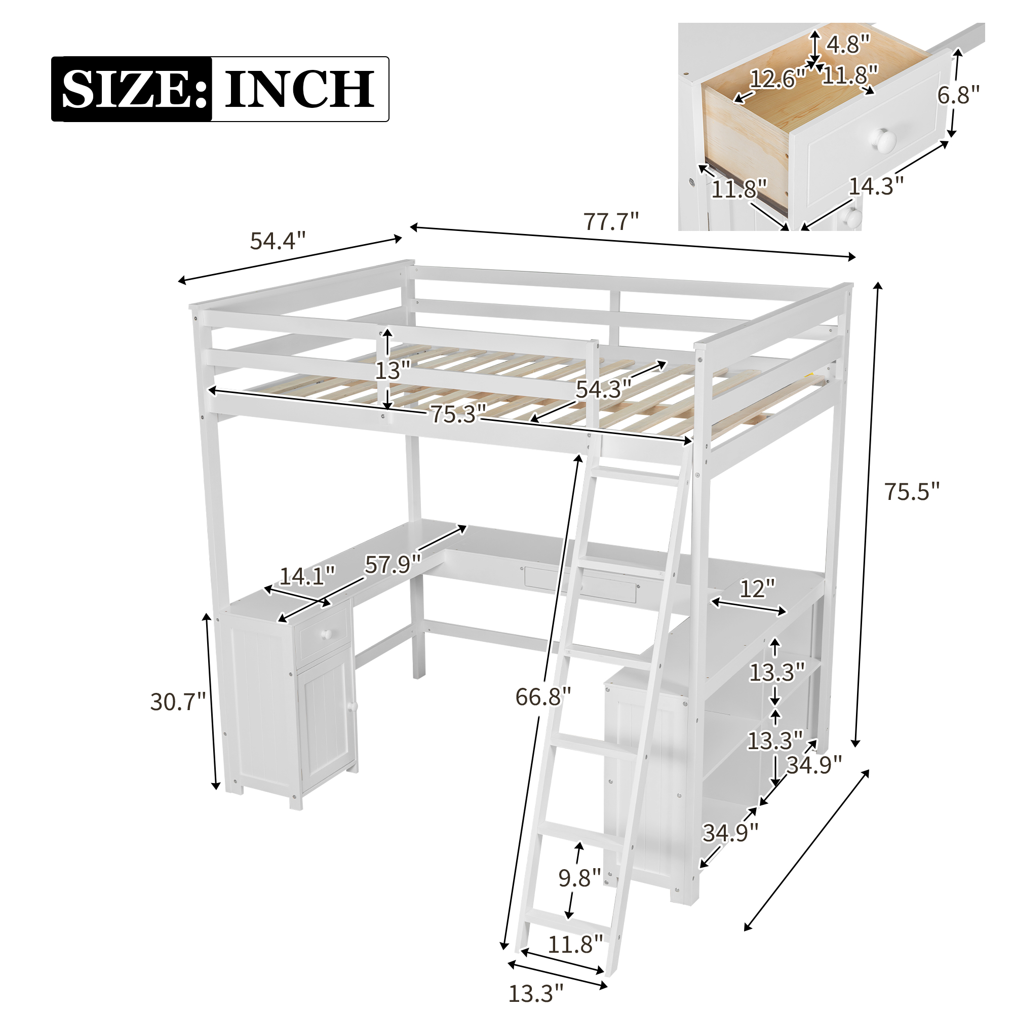Full/Twin Size Loft Bed with U-shaped Desk, Drawers and Storage Shelves, White/Antique Brown 