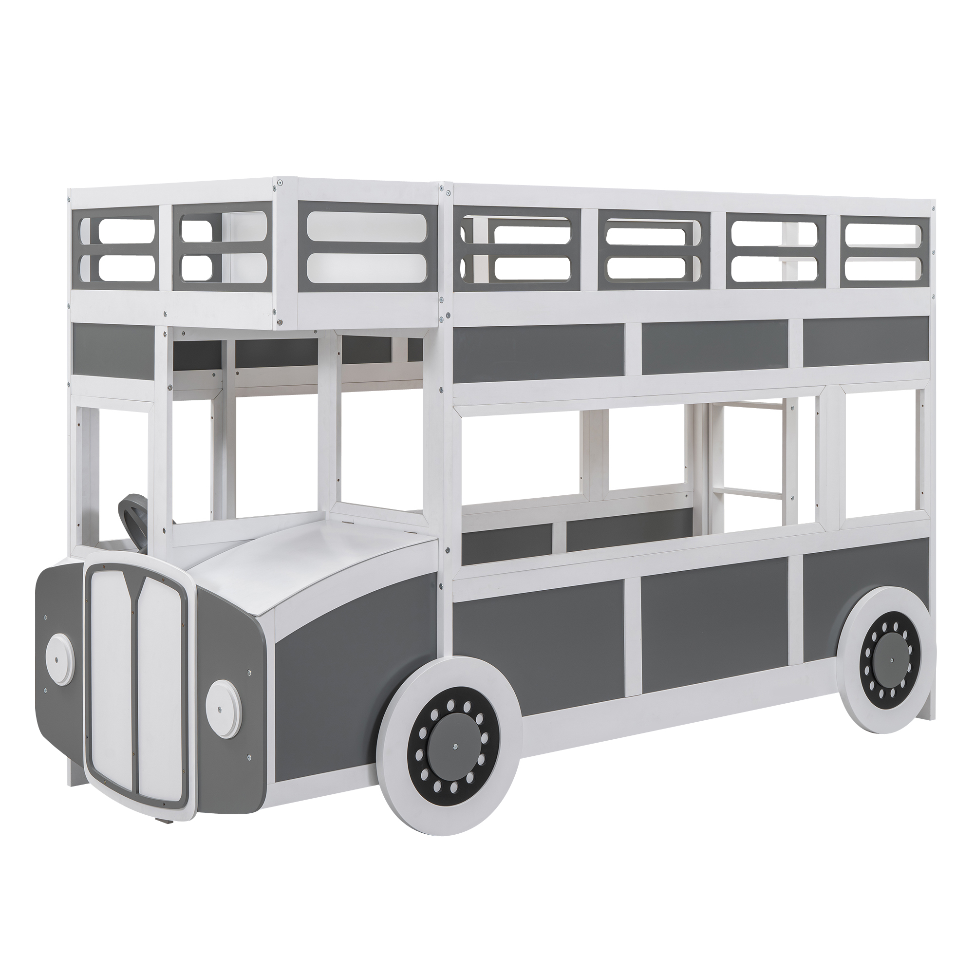 Twin over Twin Bus-shaped Bunk Bed with Wheels and Storage, Gray+White 