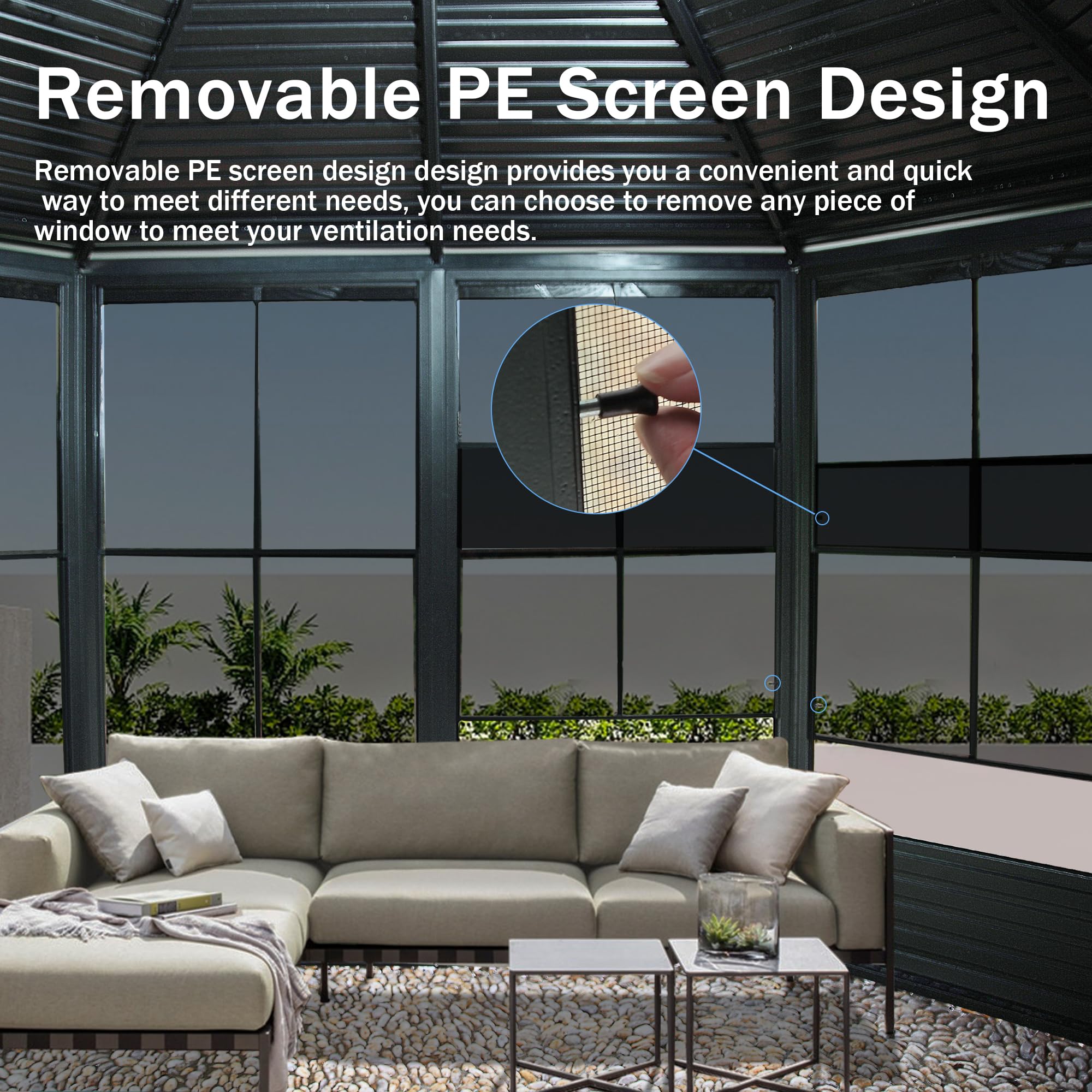 12 x 12 FT Sunroom Octagonal Solarium,Screen Houses for Outdoors Backyard with Lockable Sliding Door,Moveable PC Screen,Galvanized Steel Sloping Roof