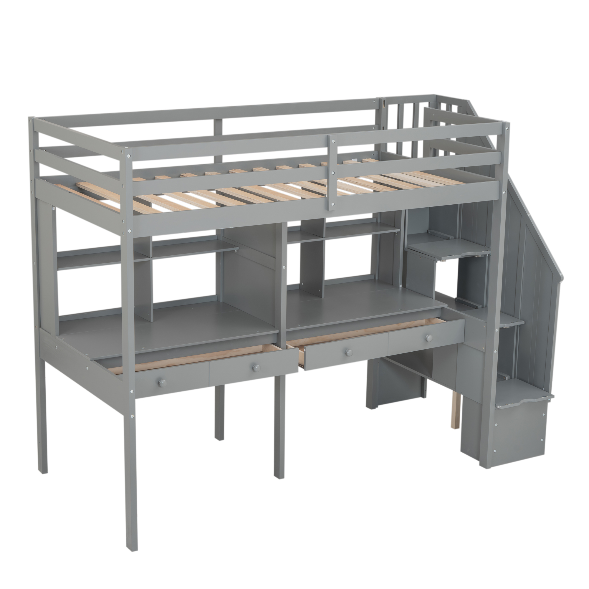 Twin Size Loft Bed Frame with Storage Staircase and Double Desks and Shelves,Gray/White
