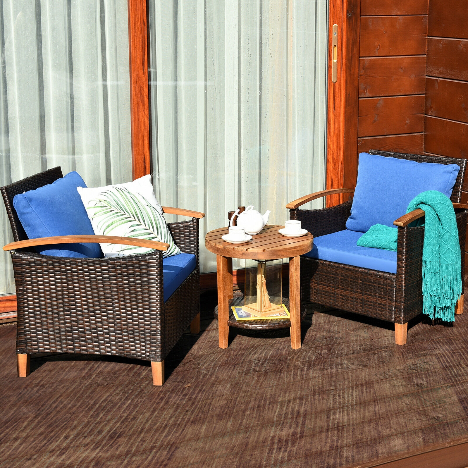Mondawe 3 PCS Solid Wood Frame Patio Rattan Furniture Set-Mondawe