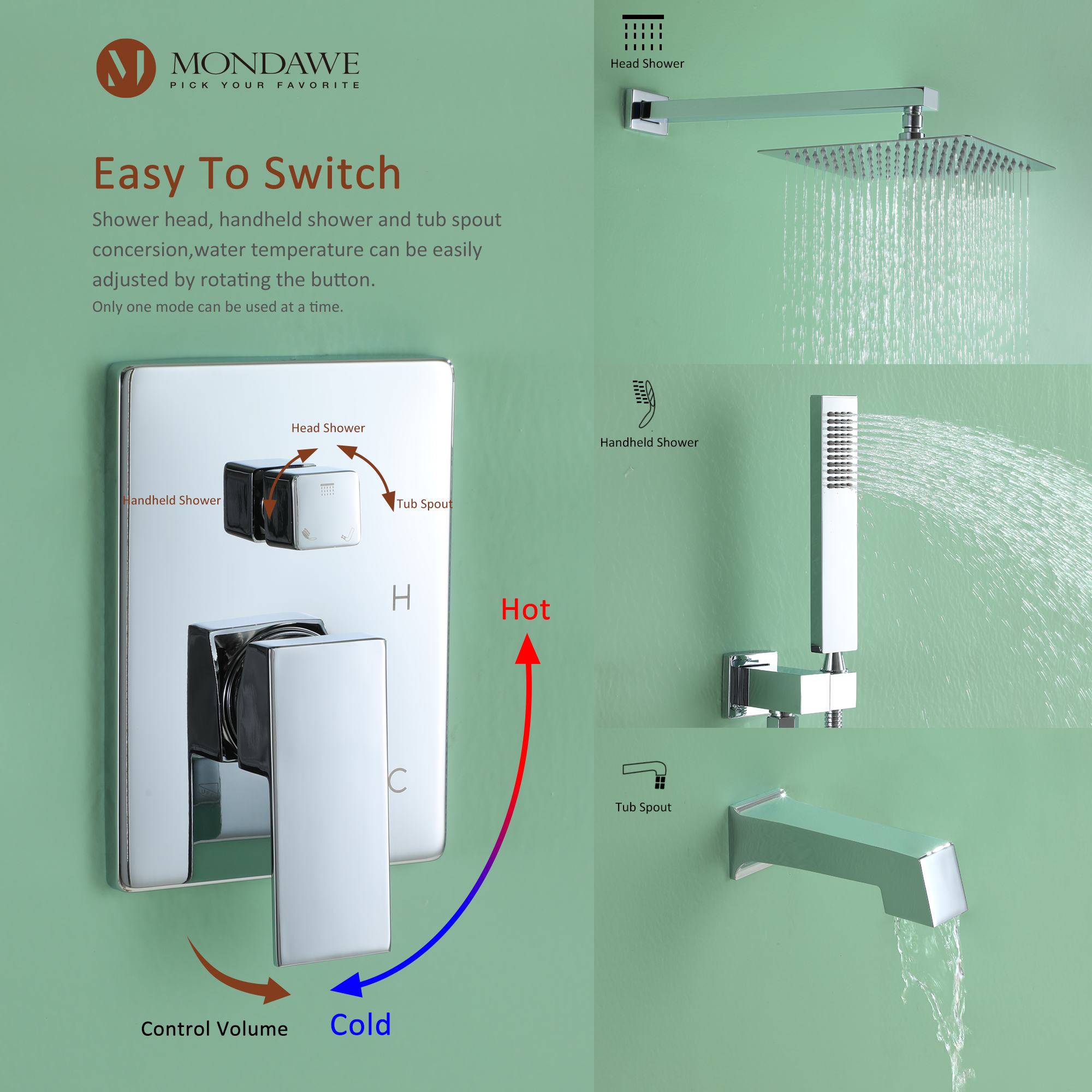 Mondawe Three function Pressure Balance Shower Set with 10 in Shower Head(5 color, Valve Included)-Mondawe