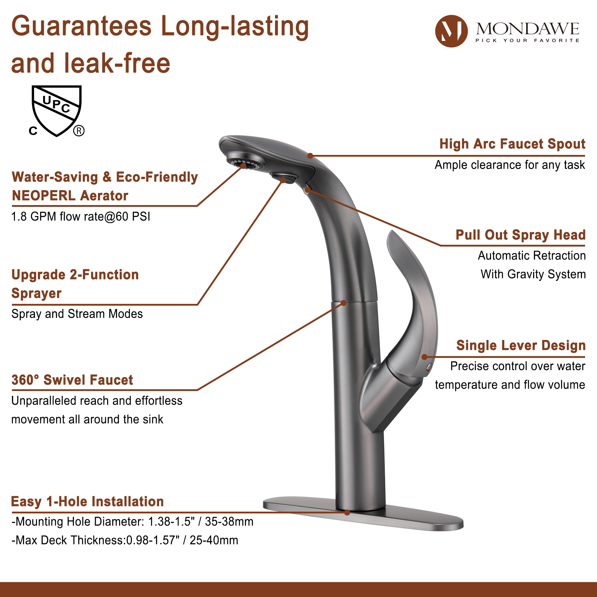 Mondawe 3-FunctionTulip High Arc Pull Down Single Handle Deck Mount Best Kitchen Faucets 2022-Mondawe