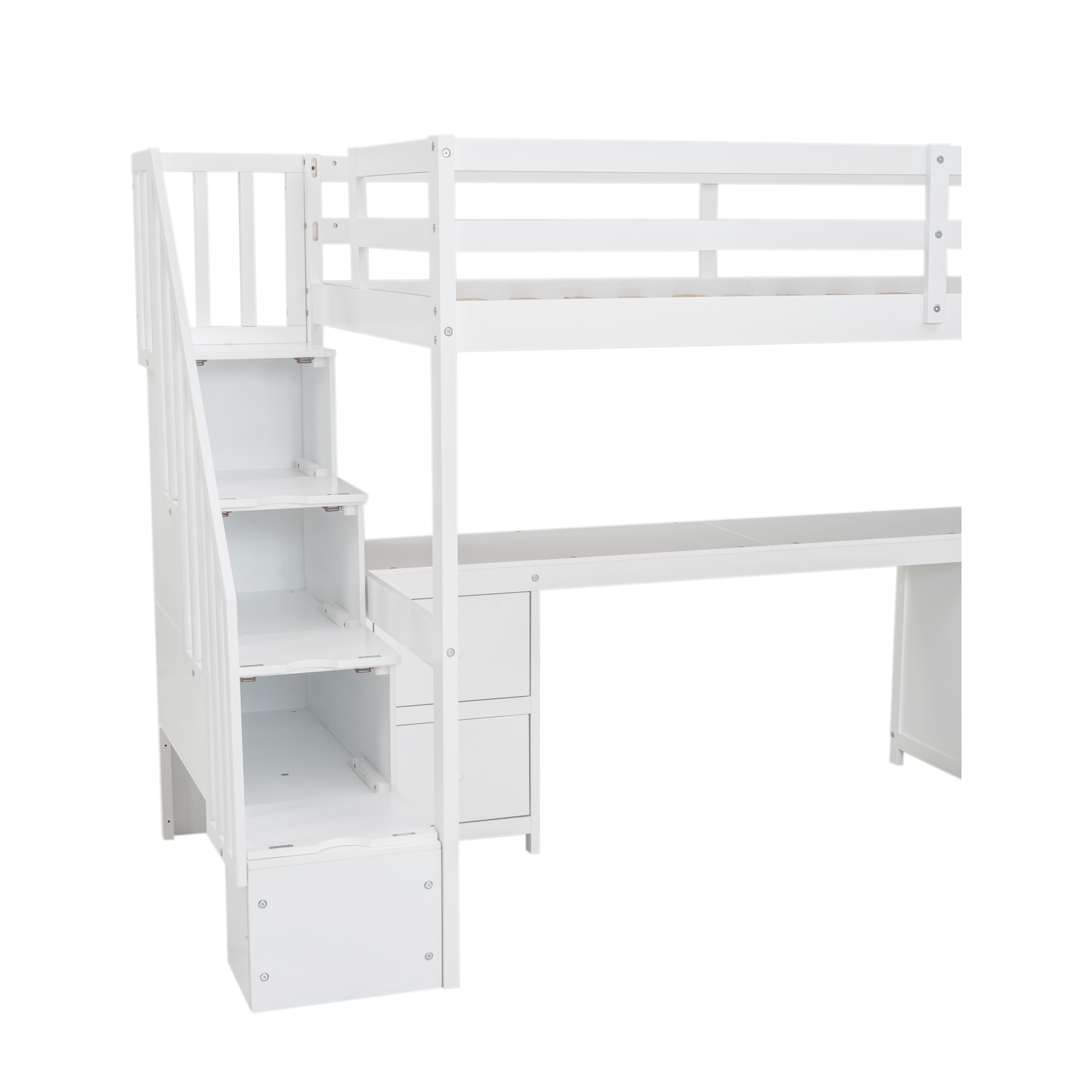 Twin Size Loft Bed Frame with Built-in Desk and Double Storage Drawers,White/Gray