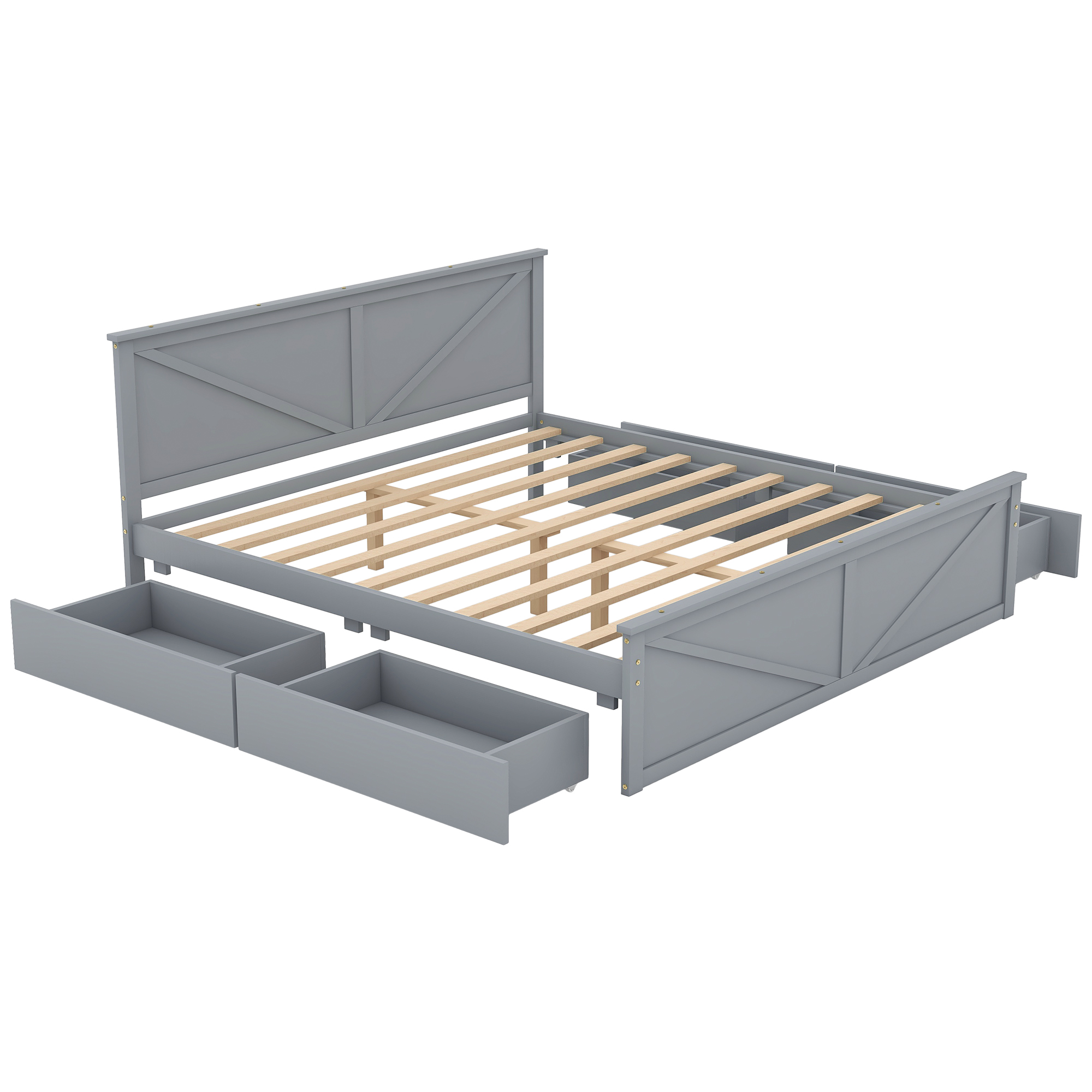 King/Queen Size Wooden Platform Bed with Four Storage Drawers and Support Legs, White/Gray