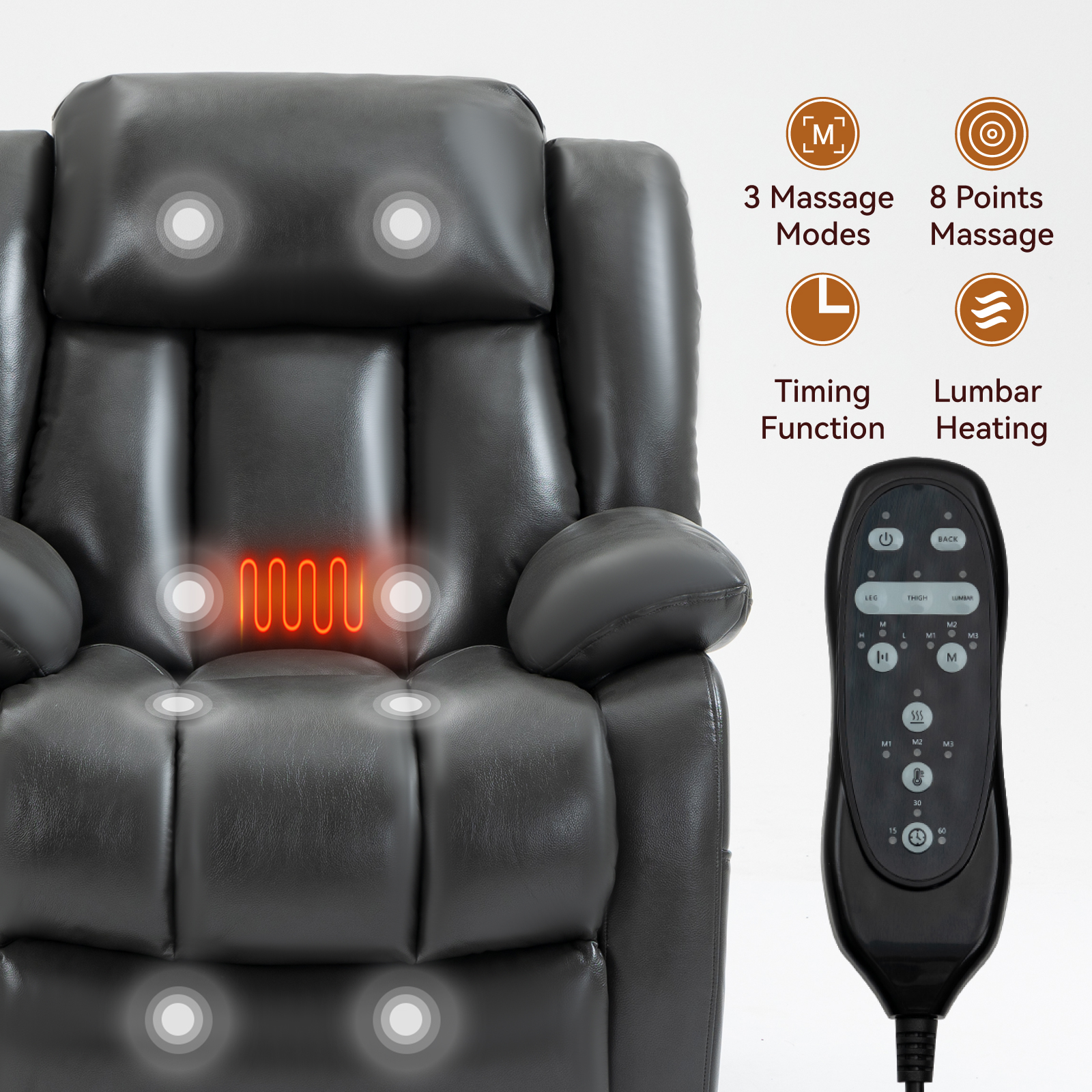 Dual Motor Infinite Position Up to 350 LBS Electric Medium size Brown/Gray/Black/Antique Brown Power Lift Recliner Chair with 8-Point Vibration Massage and Lumbar Heating