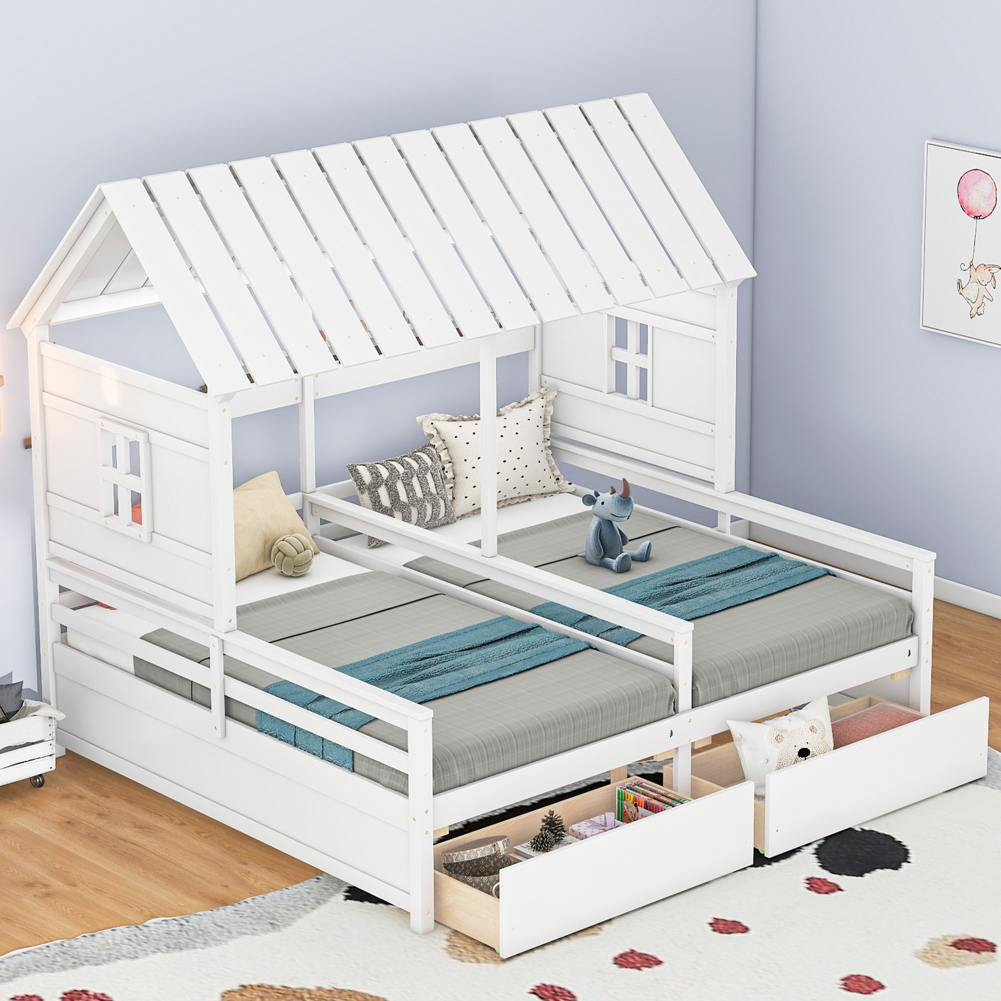 Twin Size House Platform Beds with Two Drawers for Boy and Girl Shared Beds, Combination of 2 Side by Side Twin Size Beds, Gray/White