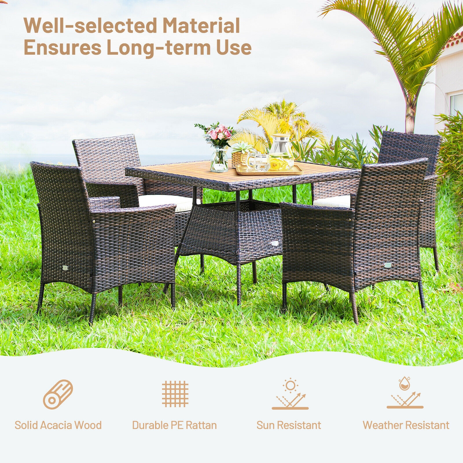Mondawe 5 Pieces Patio Rattan Dining Furniture Set with Arm Chair and Wooden Table Top-Mondawe