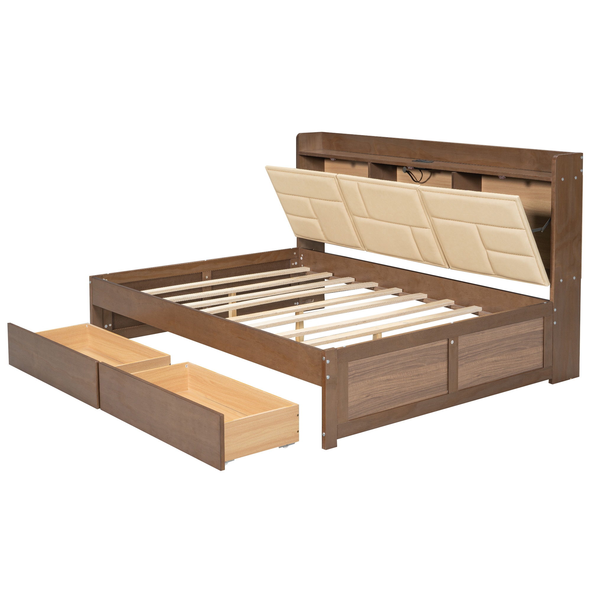 Full/Twin Size Wood Daybed with Upholstered Storage Shelves, USB Ports and 2 Drawers, Wood Color 