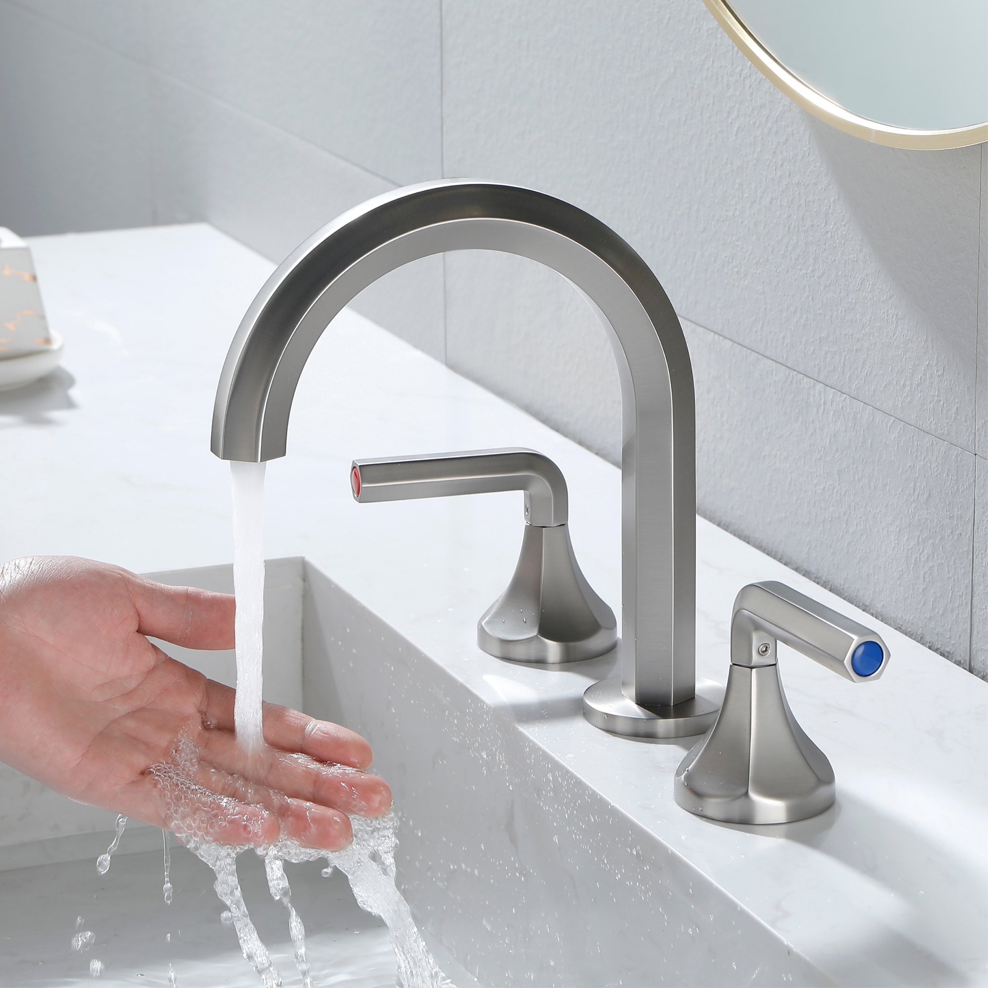 Hexagon 8 In Widespread Double-Handle Brass 3-Hole Widespread Bathroom Sink Faucet Bath Faucets-Mondawe