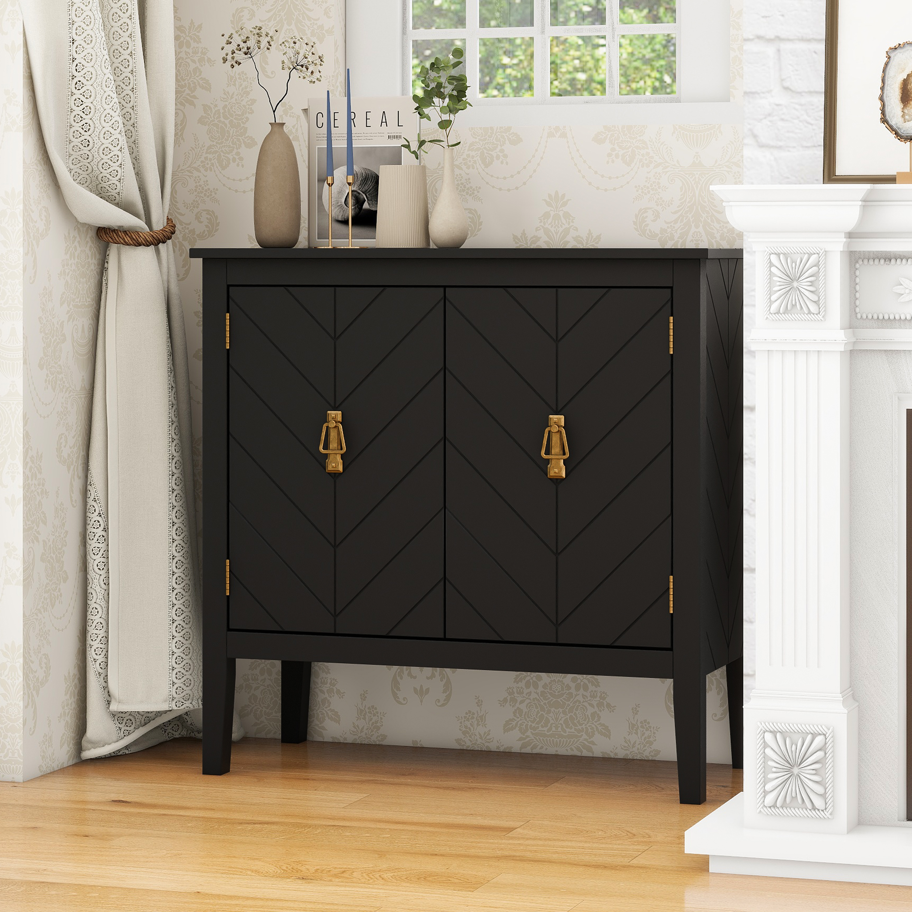 2 Door Wooden Cabinets, Black/Gray Wood Cabinet Vintage  Style Sideboard for Living Room Dining Room Office