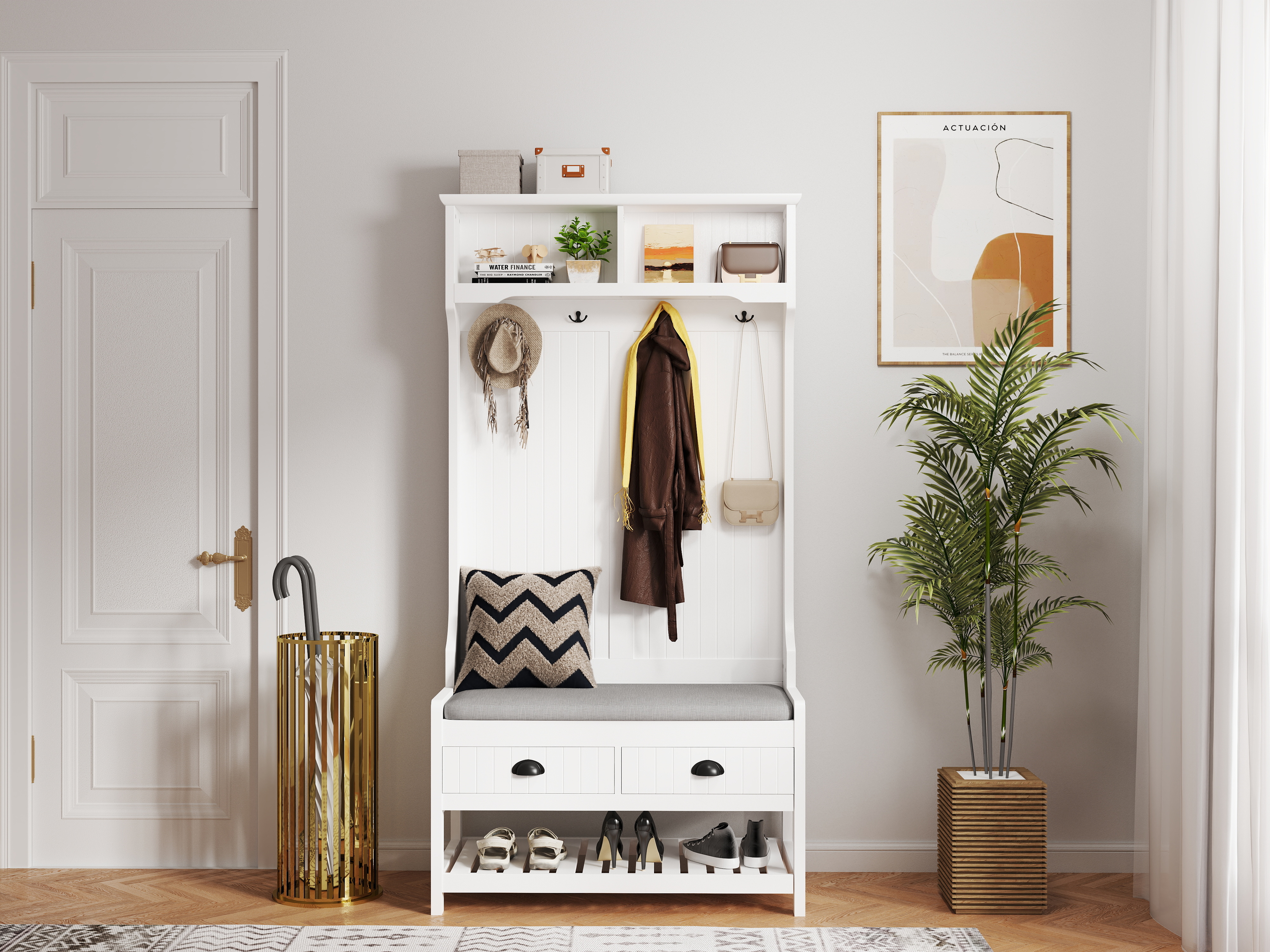 3-in-1 Hallway Hall Tree with 2 Storage Drawer and 4 Coat Rack, Wooden Entryway Shoe Rack Bench with Padded Seat Cushion, Mudroom Bench with Top Storage Shelf 