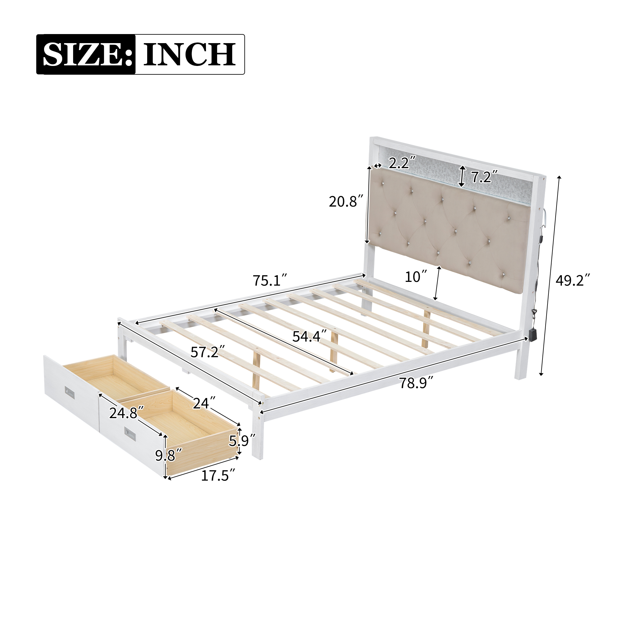 Wood Queen/Full Size Platform Bed with Upholstered Headboard and LED and 2 Drawers, Antique White 