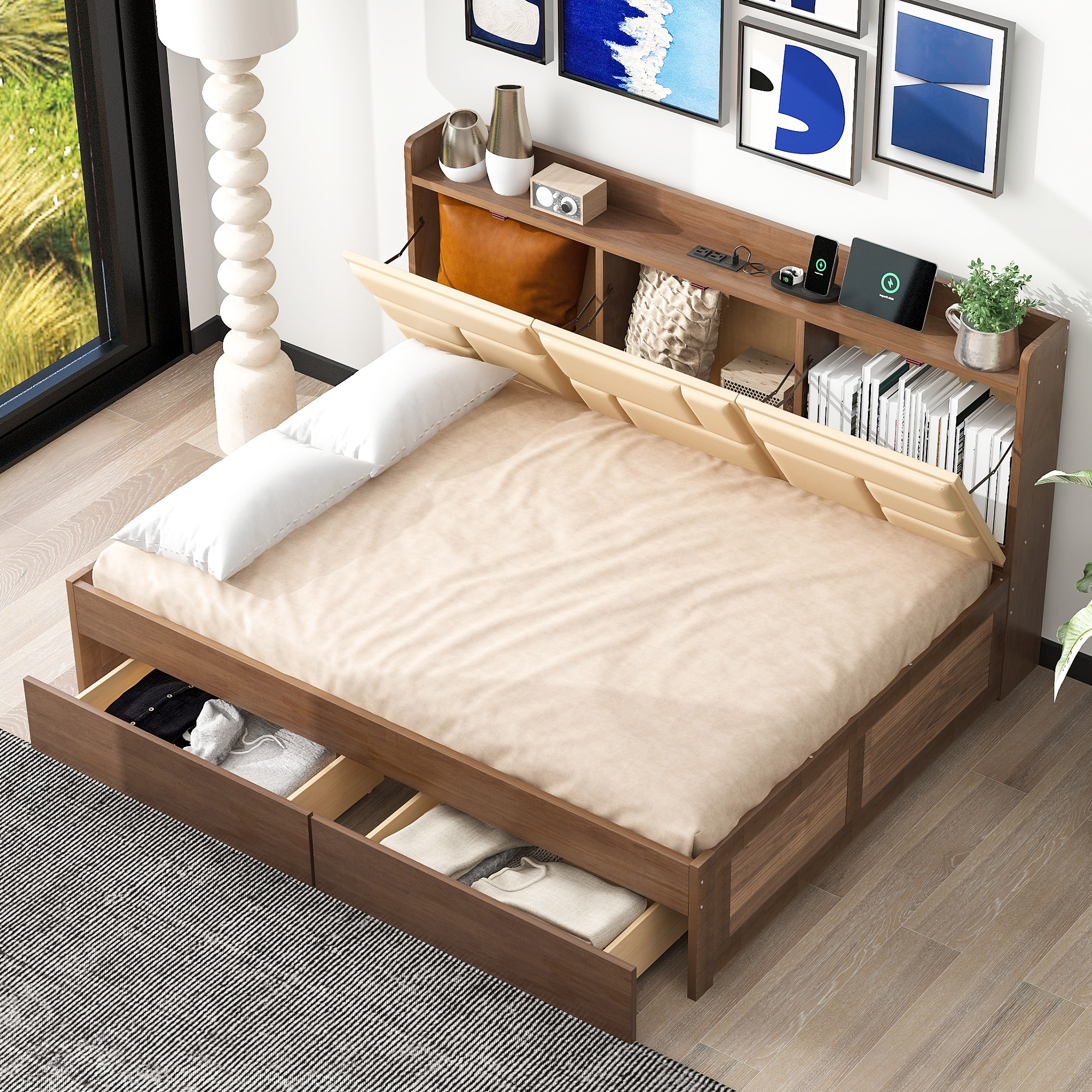 Full/Twin Size Wood Daybed with Upholstered Storage Shelves, USB Ports and 2 Drawers, Wood Color 