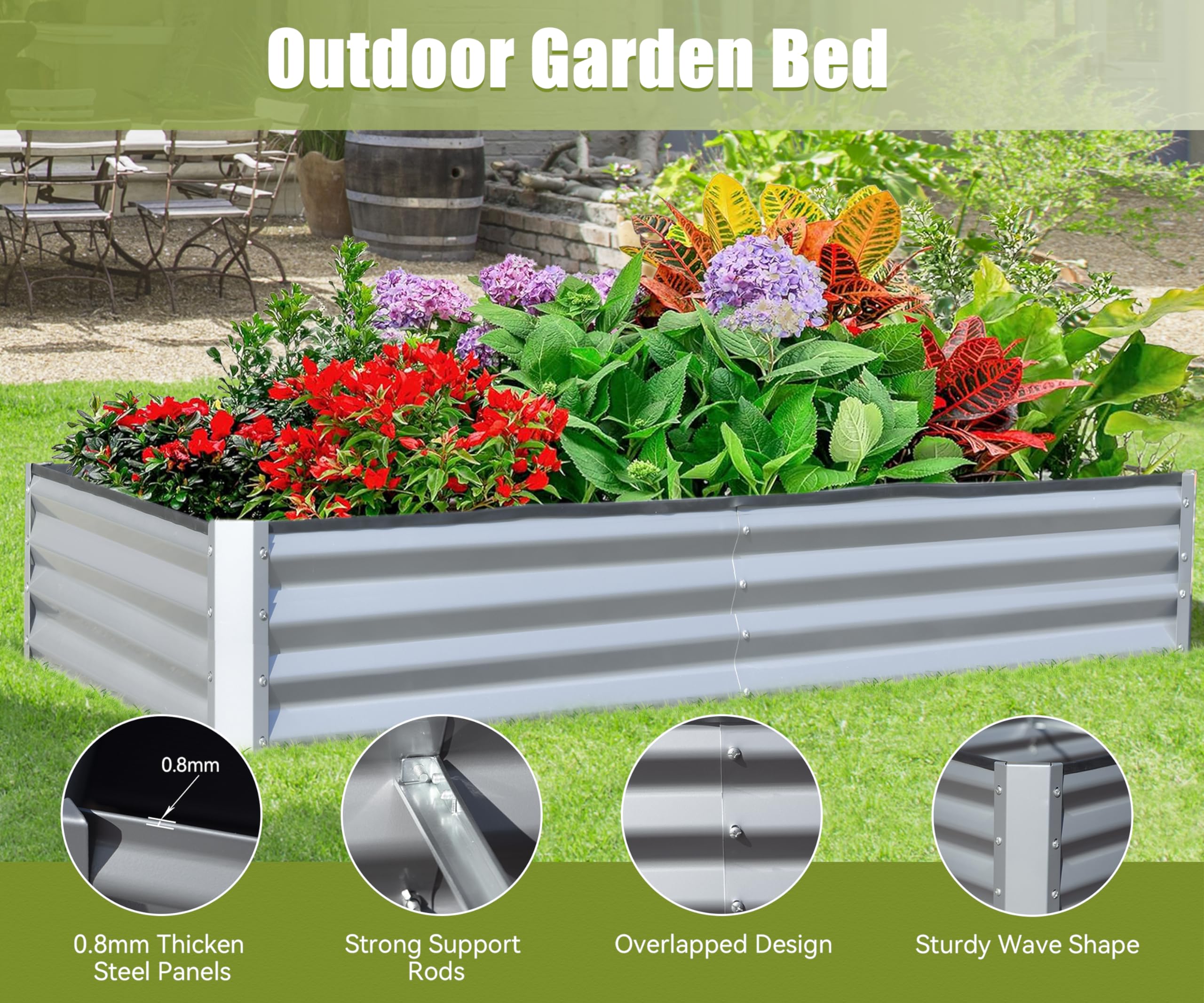 6x3x1ft Galvanized Raised Garden Bed, Outdoor Planter Garden Boxes Large Metal Planter Box for Gardening Vegetables Fruits Flowers,Gray/Silvery/Green
