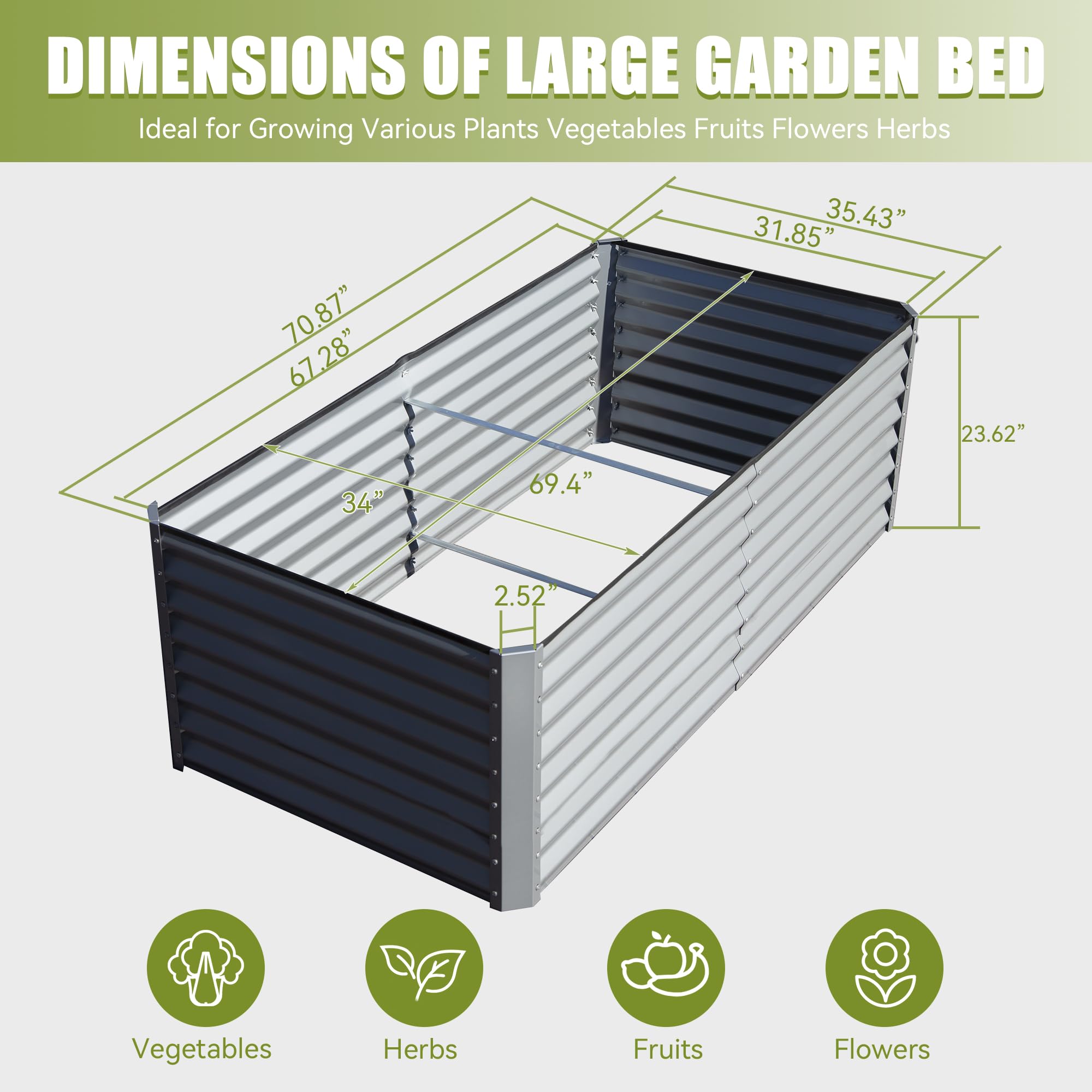 6x3x2ft Galvanized Raised Garden Bed, Outdoor Planter Garden Boxes Large Metal Planter Box for Gardening Vegetables Fruits Flowers, Silver/Green/Gray