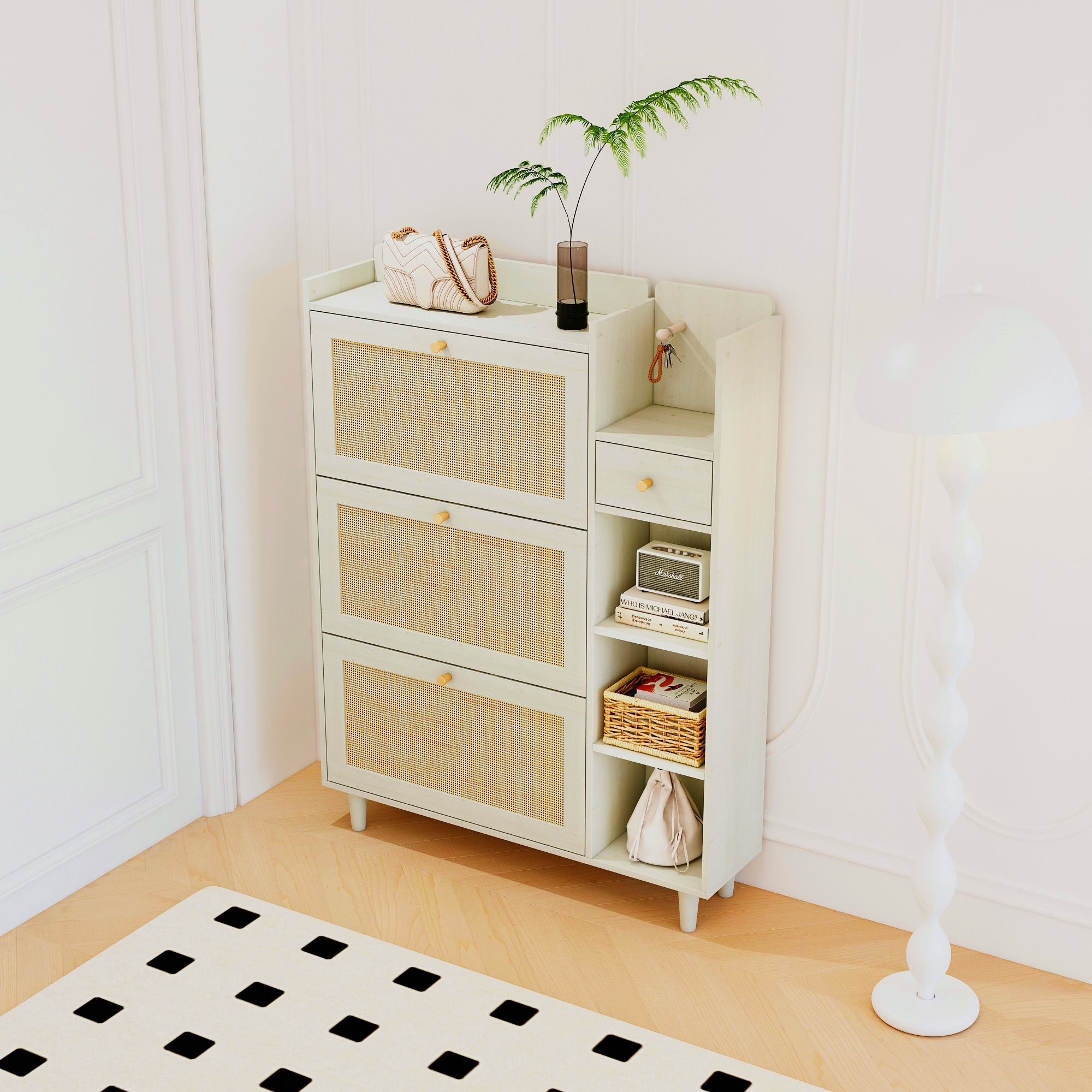 Bohemia Style Shoe Cabinet, Shoe Rack Cabinet with 3 Rattan Flip Drawers,3 Square Shelves and 1 Storage Drawer, Shoe Organizer with Mulit Storage Space and Hooks for Hallway, Entryway, (Natural/Antique white) 