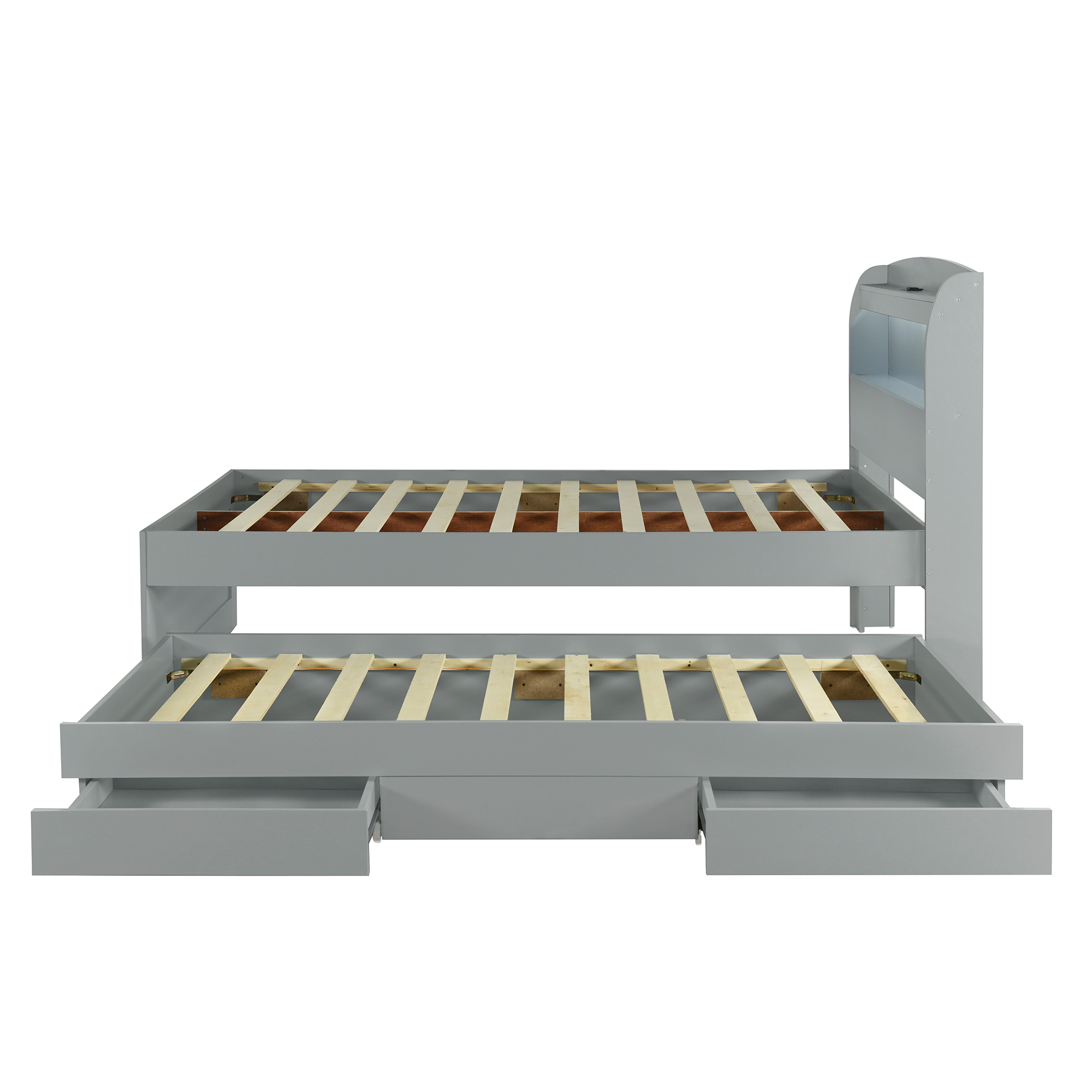 Full XL Size Platform Bed with Storage LED Headboard, Charging Station, Twin Size Trundle and 2 Drawers, Gray/Dark Brown