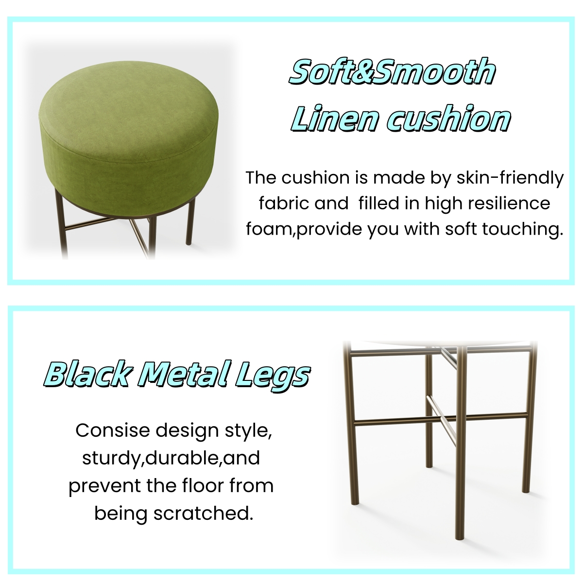 2 pcs Round Cushioned Vanity Stool, Linen Upholstered Vanity Stool for Makeup Room, Modern Soft Stool for Bar and Dining, Ottoman Footrest Stool with Metal Legs for Living Room, Bedroom(Matcha Green/Black) 