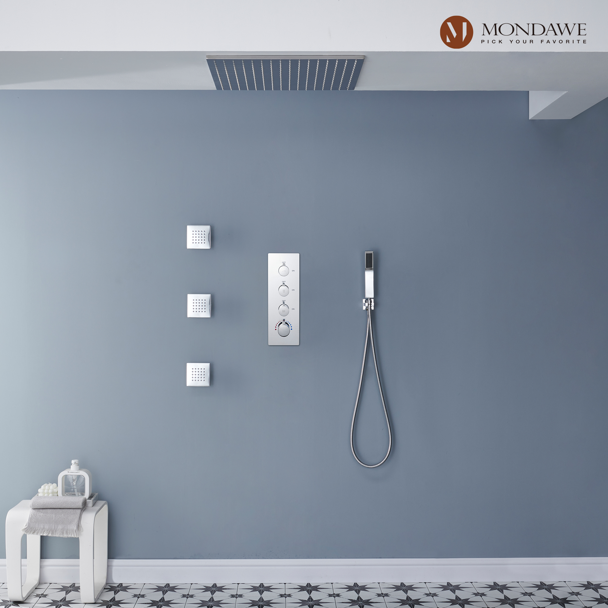 20 Inch Ceiling Mounted Rain Shower Head System Luxury 3-Spray Patterns Thermostatic Shower Faucets Sets Complete with 3-Function Shower Head and Solid Brass Handshower-Mondawe