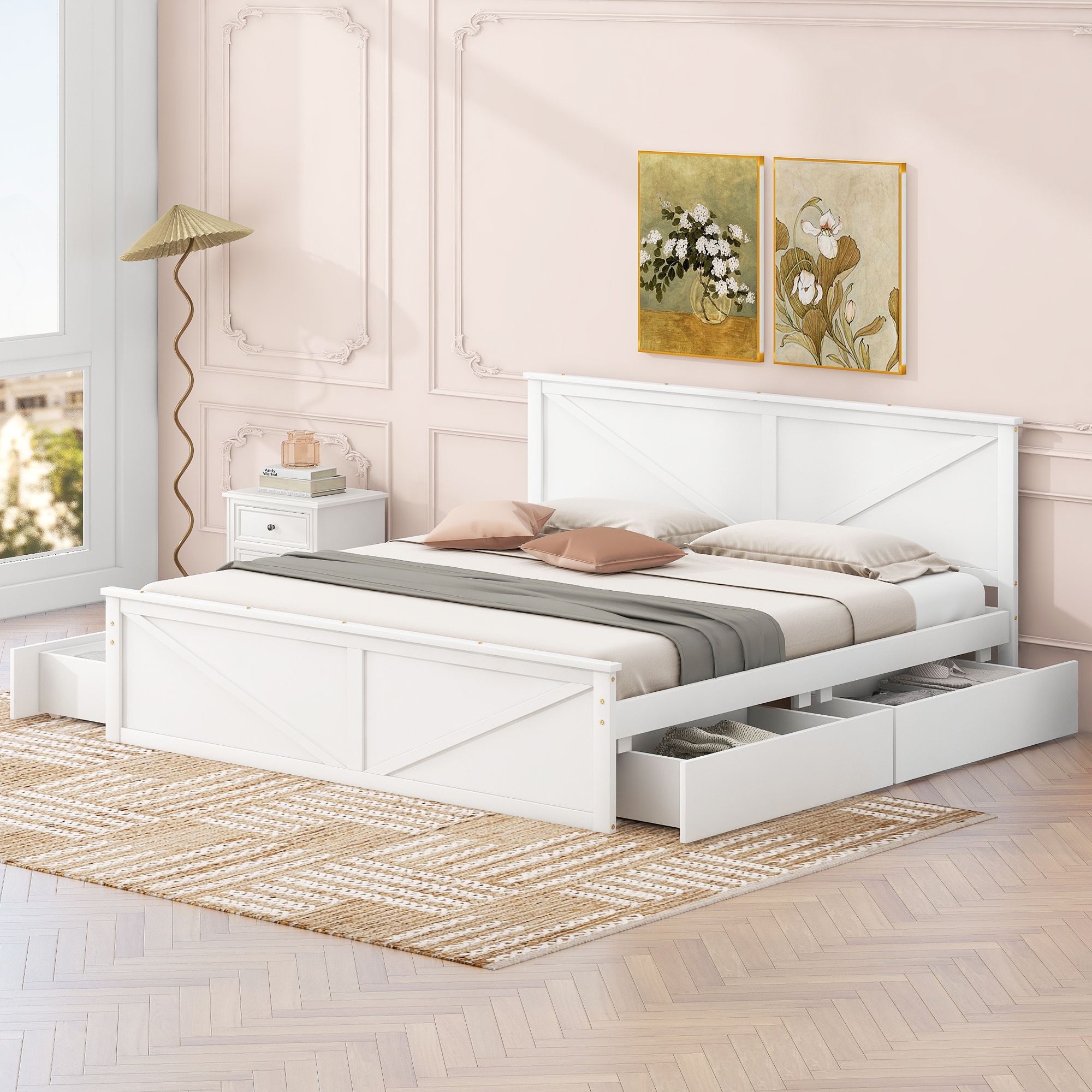 King/Queen Size Wooden Platform Bed with Four Storage Drawers and Support Legs, White/Gray