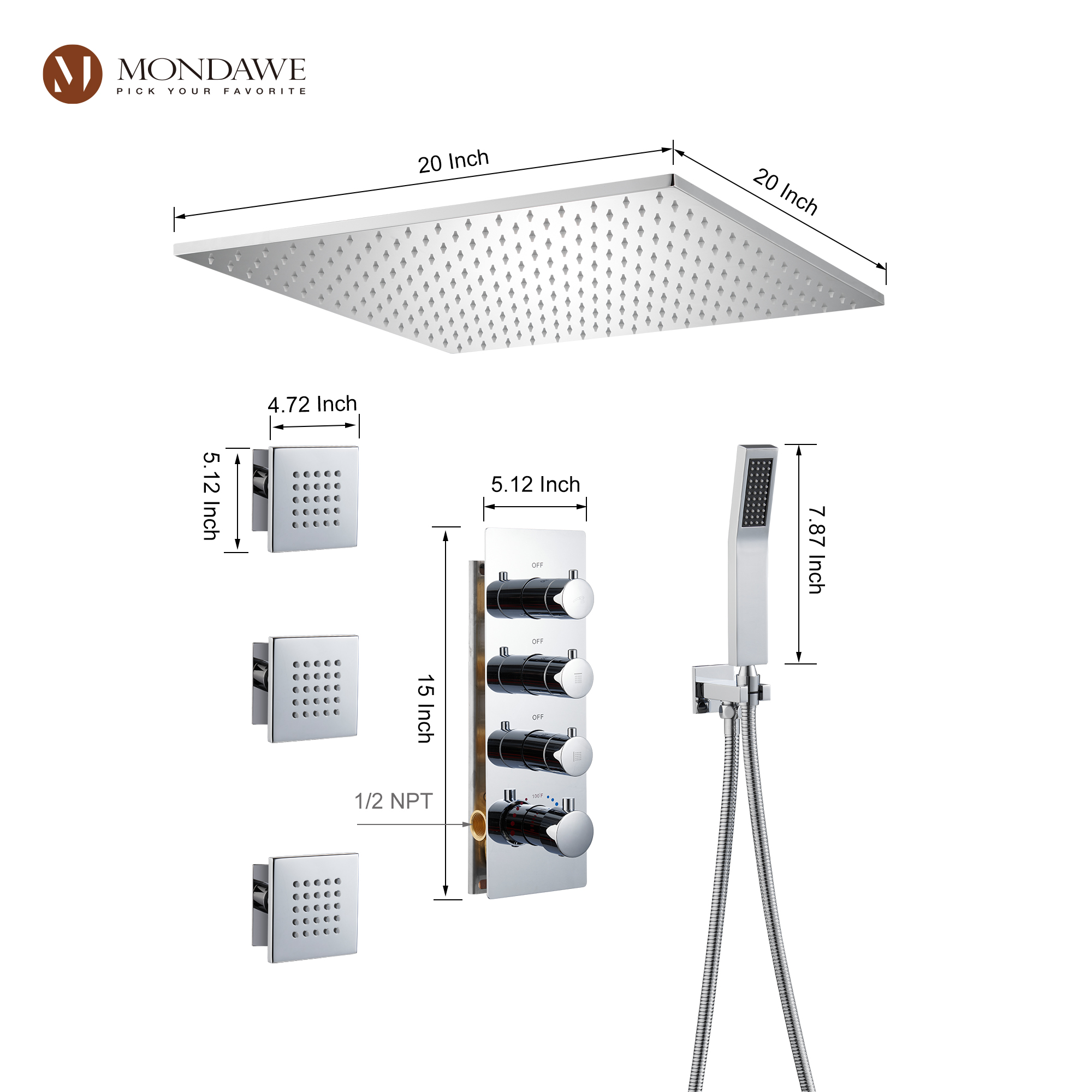 20 Inch Ceiling Mounted Rain Shower Head System Luxury 3-Spray Patterns Thermostatic Shower Faucets Sets Complete with 3-Function Shower Head and Solid Brass Handshower-Mondawe