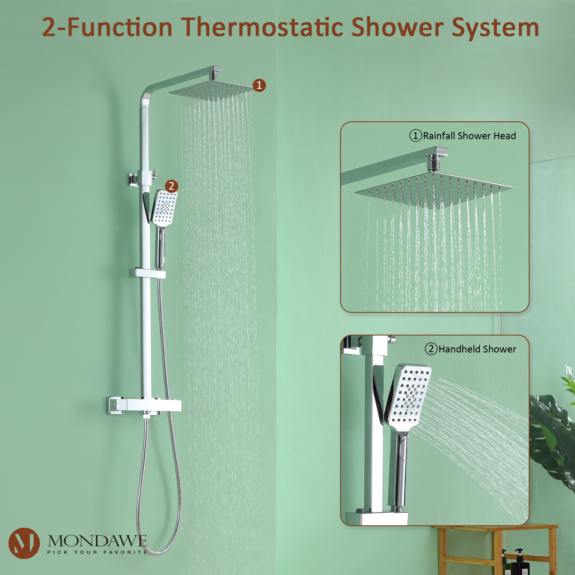 Mondawe Stainless Steel Thermostatic Shower Bar System in Black/Chrome(Square)-Mondawe