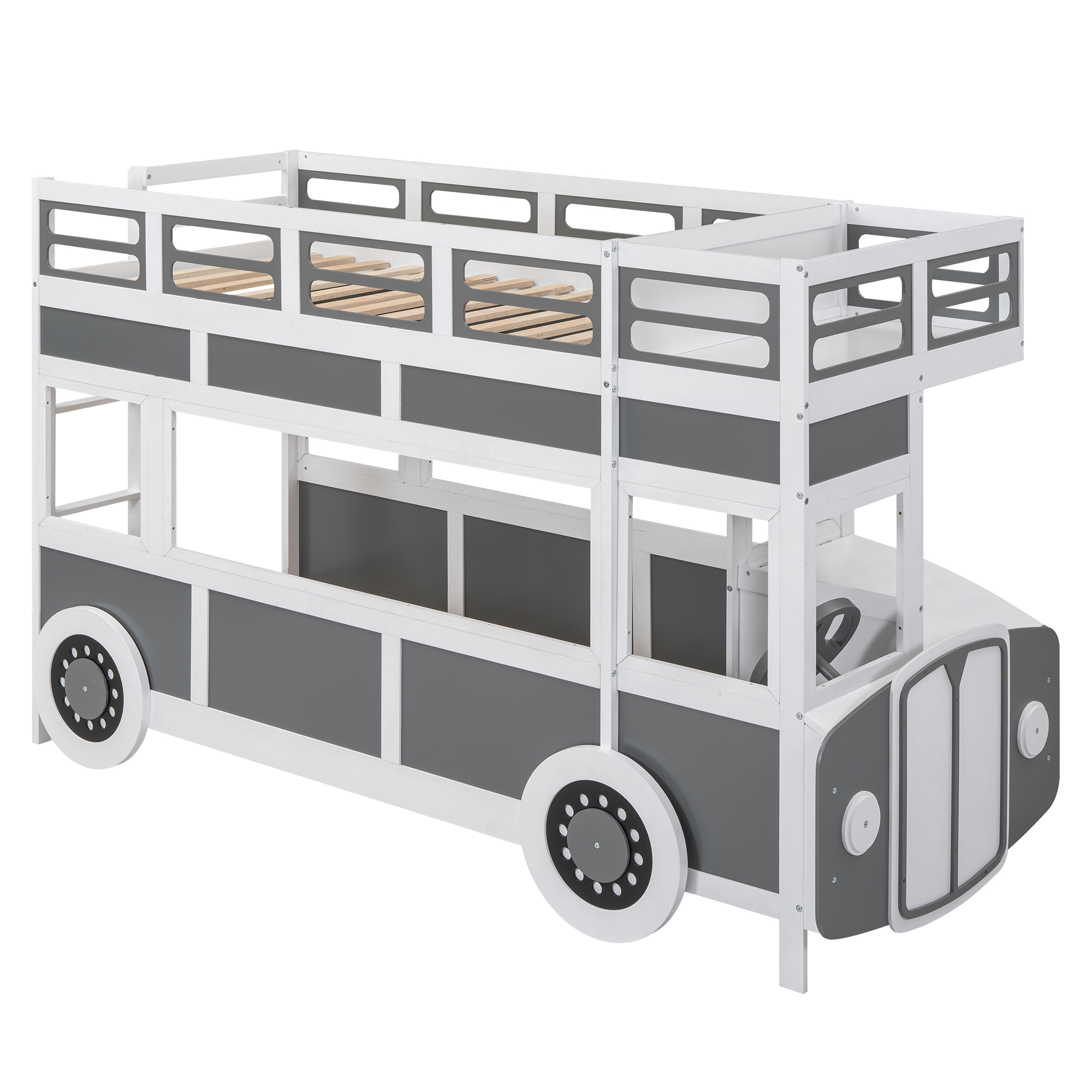 Twin over Twin Bus-shaped Bunk Bed with Wheels and Storage, Gray+White 