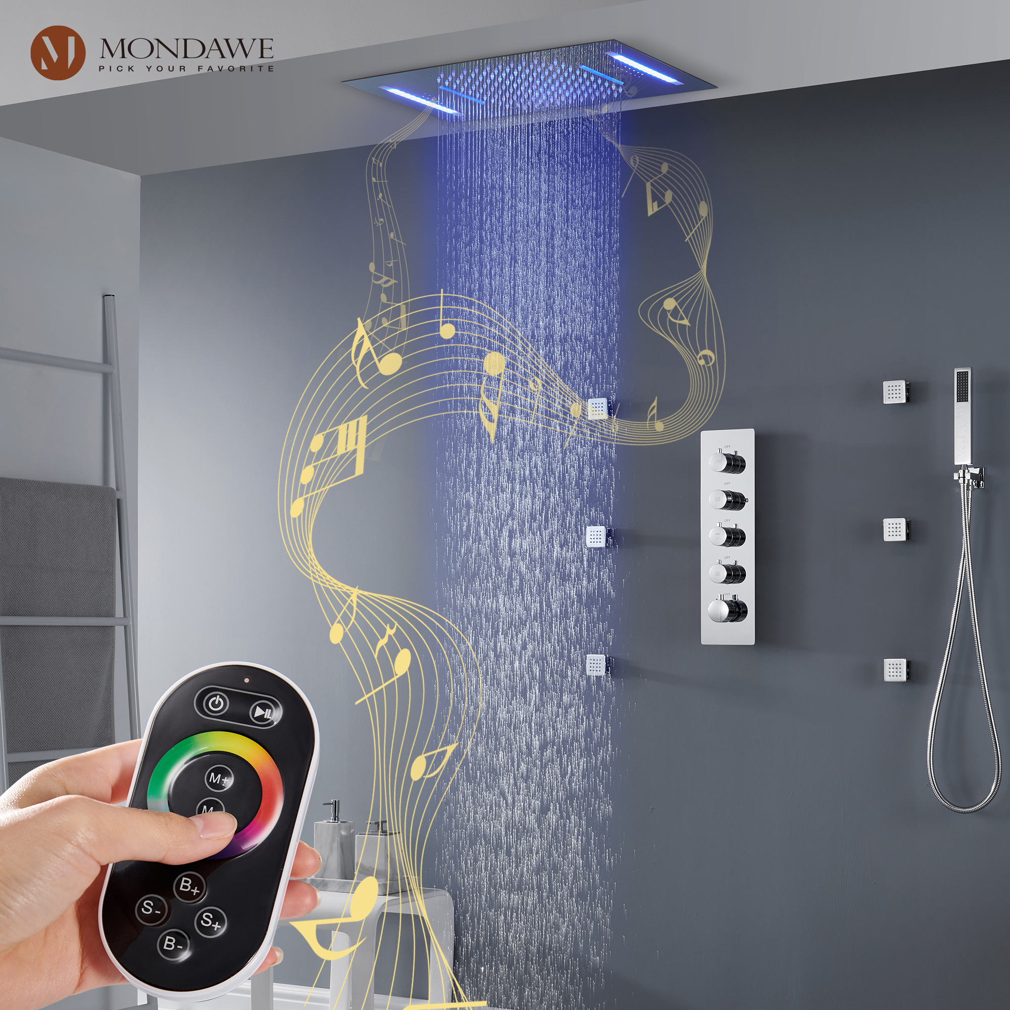 Mondawe Luxury 4-Way Thermostatic Shower System with LED and Music Player-Mondawe