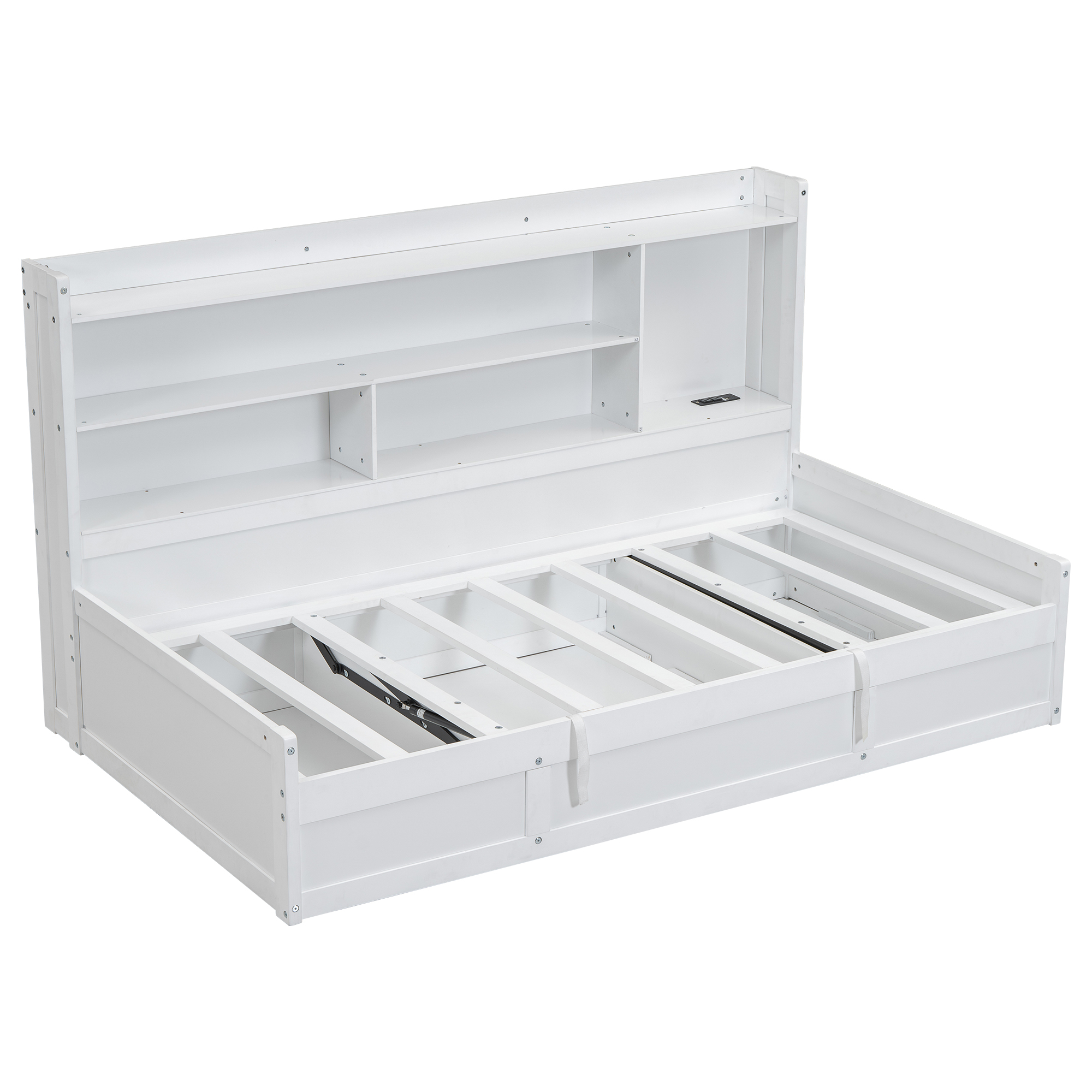 Twin Size Daybed Frame with Storage Bookcases and Underneath Storage, USB Charging Station, White/Gray 